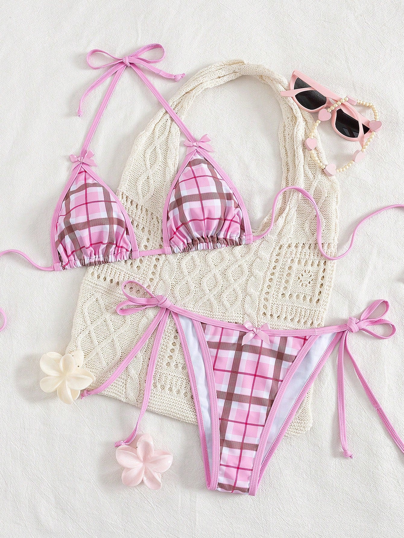 Women's Sexy Plaid Print Bow Tie Halter Bikini Set, Beach Vacation