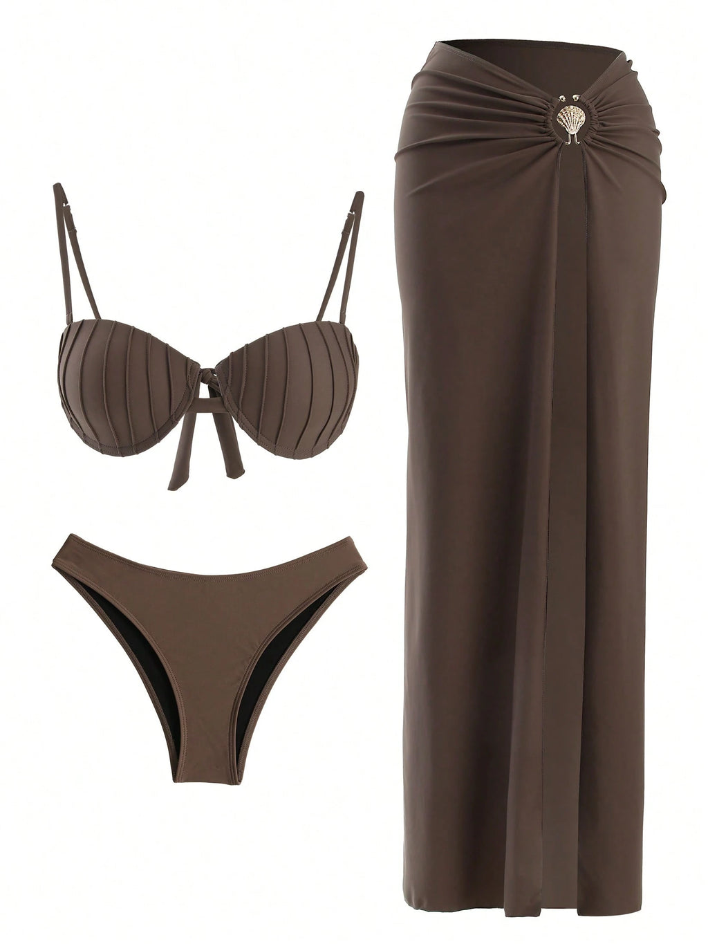 Sexy Shell Bikini 3 Pieces Set, Halter Bikini Top And High Slit Maxi