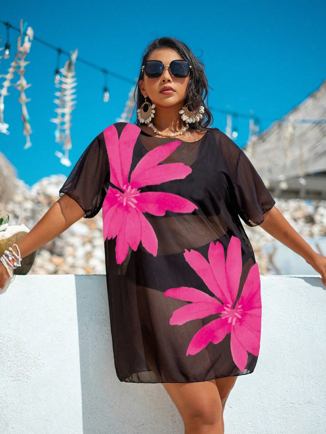 Swim Lushoire Plus Size Women Loose Mesh Print Short Sleeve Beach