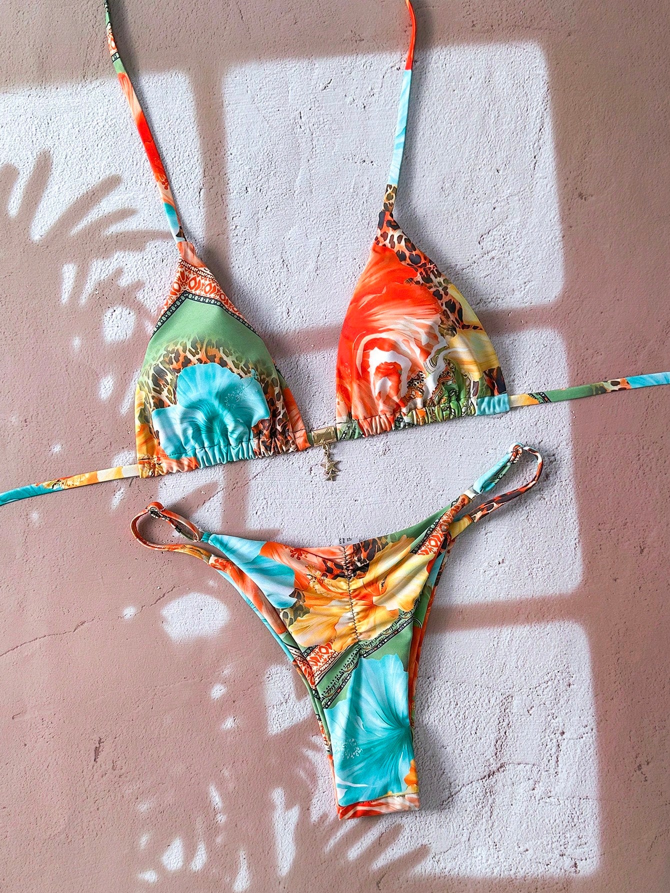 Elavelle Women's Halter Tie Back Zebra Stripe Thong Bikini Set Multicolor Fabric