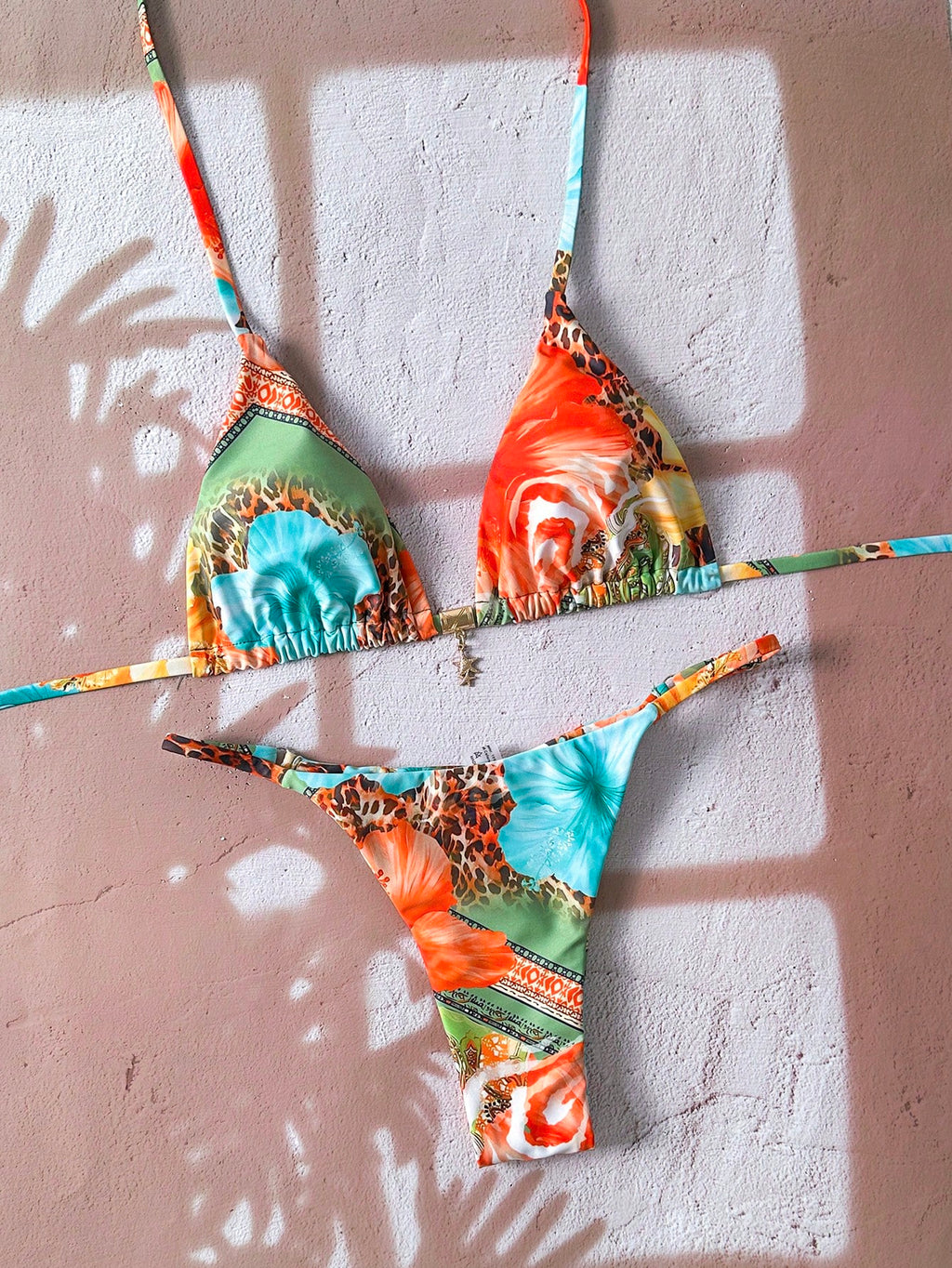 Elavelle Women's Halter Tie Back Zebra Stripe Thong Bikini Set Multicolor Fabric