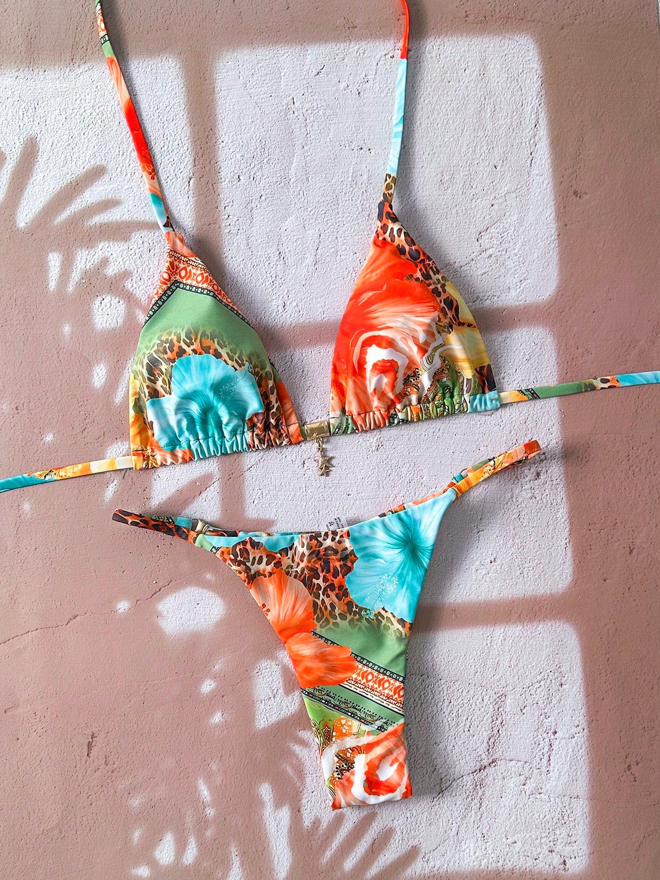 Elavelle Women's Halter Tie Back Zebra Stripe Thong Bikini Set Multicolor Fabric