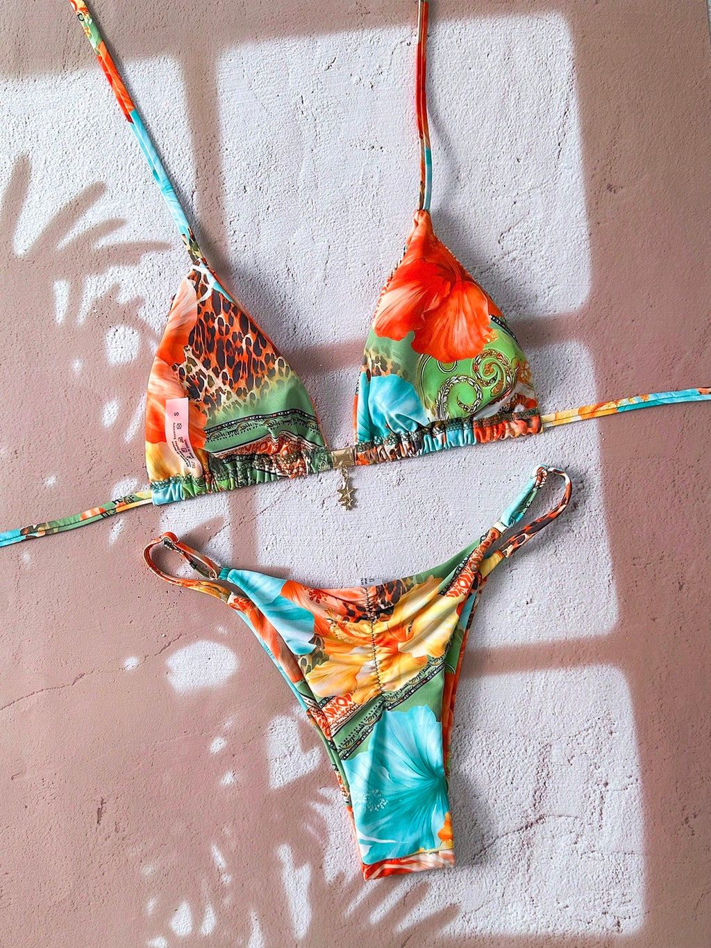 Elavelle Women's Halter Tie Back Zebra Stripe Thong Bikini Set Multicolor Fabric