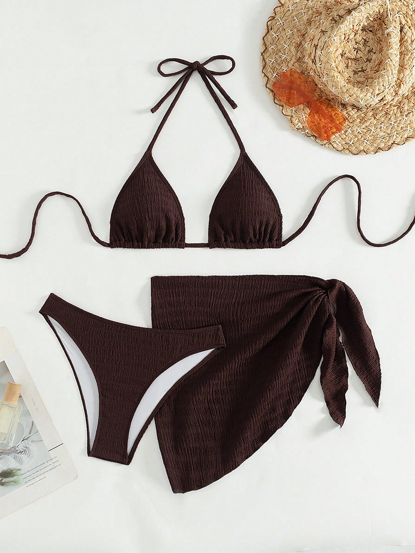 Swim Basics 3pcs/Set Women Solid Color Halter Neck Swimsuit, Triangle