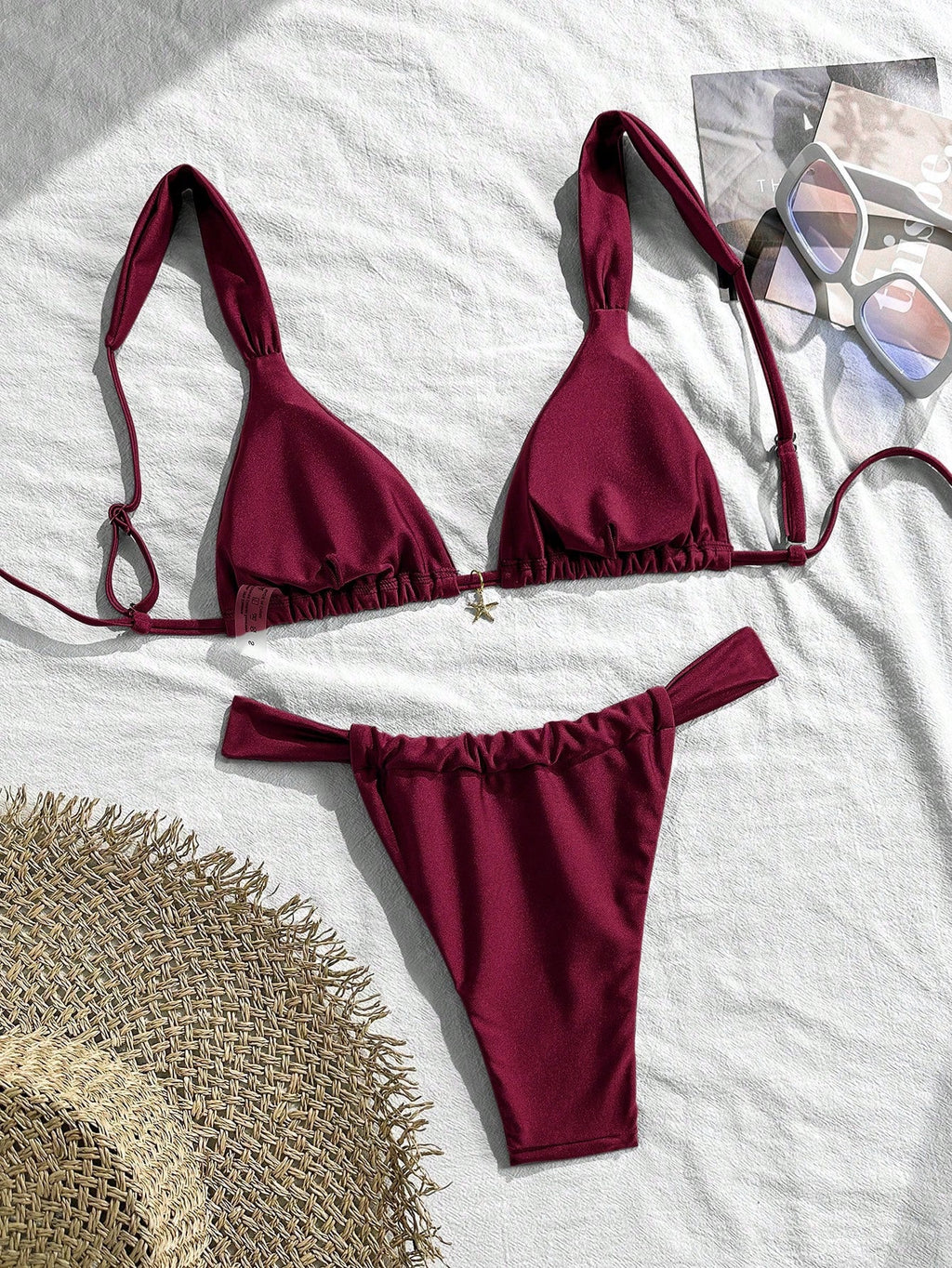 Swim Mod 2 Pieces Set,Cherry Print Halter Triangle Bikini Top And Red
