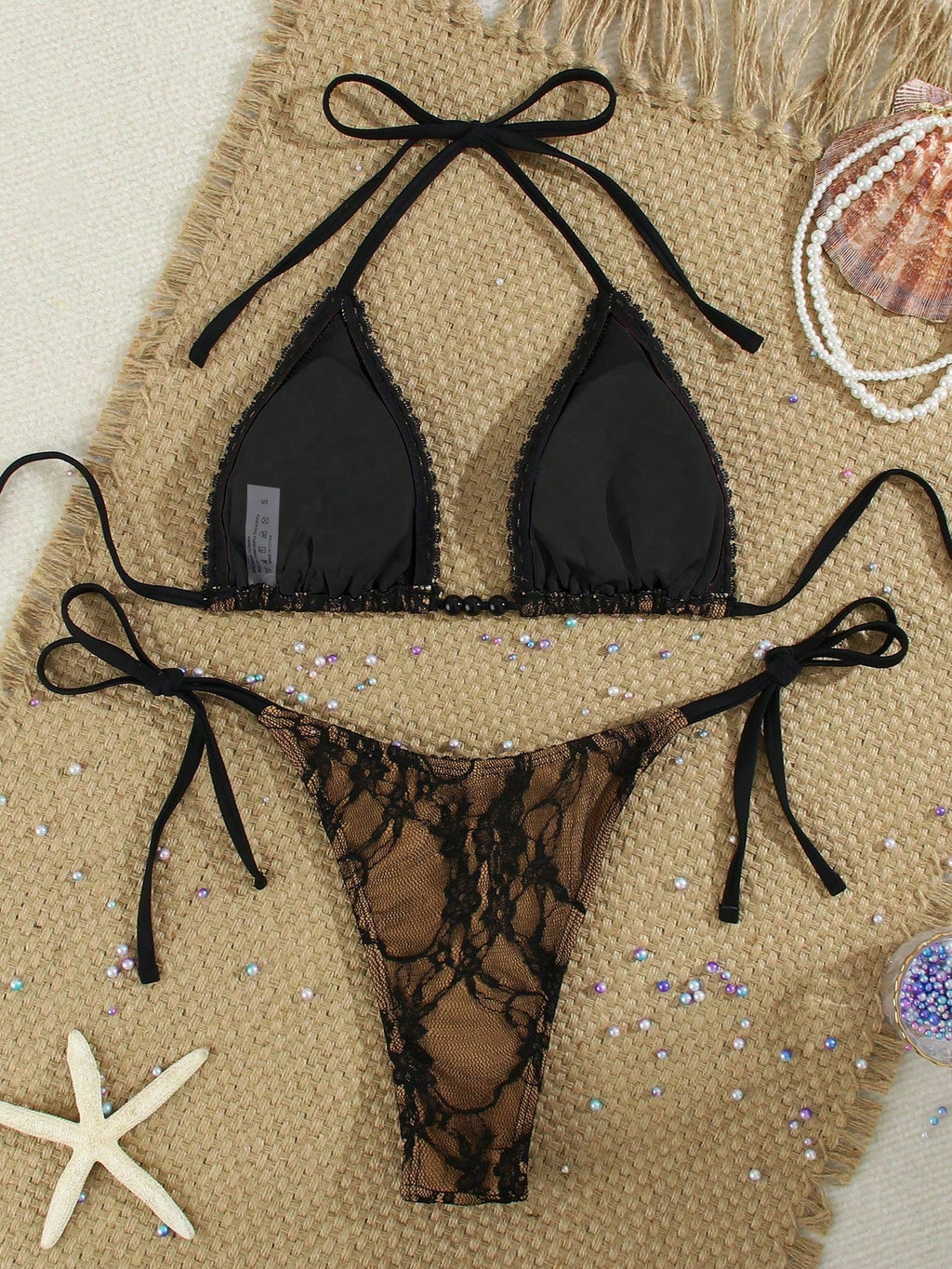 Women's Sexy Black Lace Beaded Halter Necklace, Casual Beach Vacation
