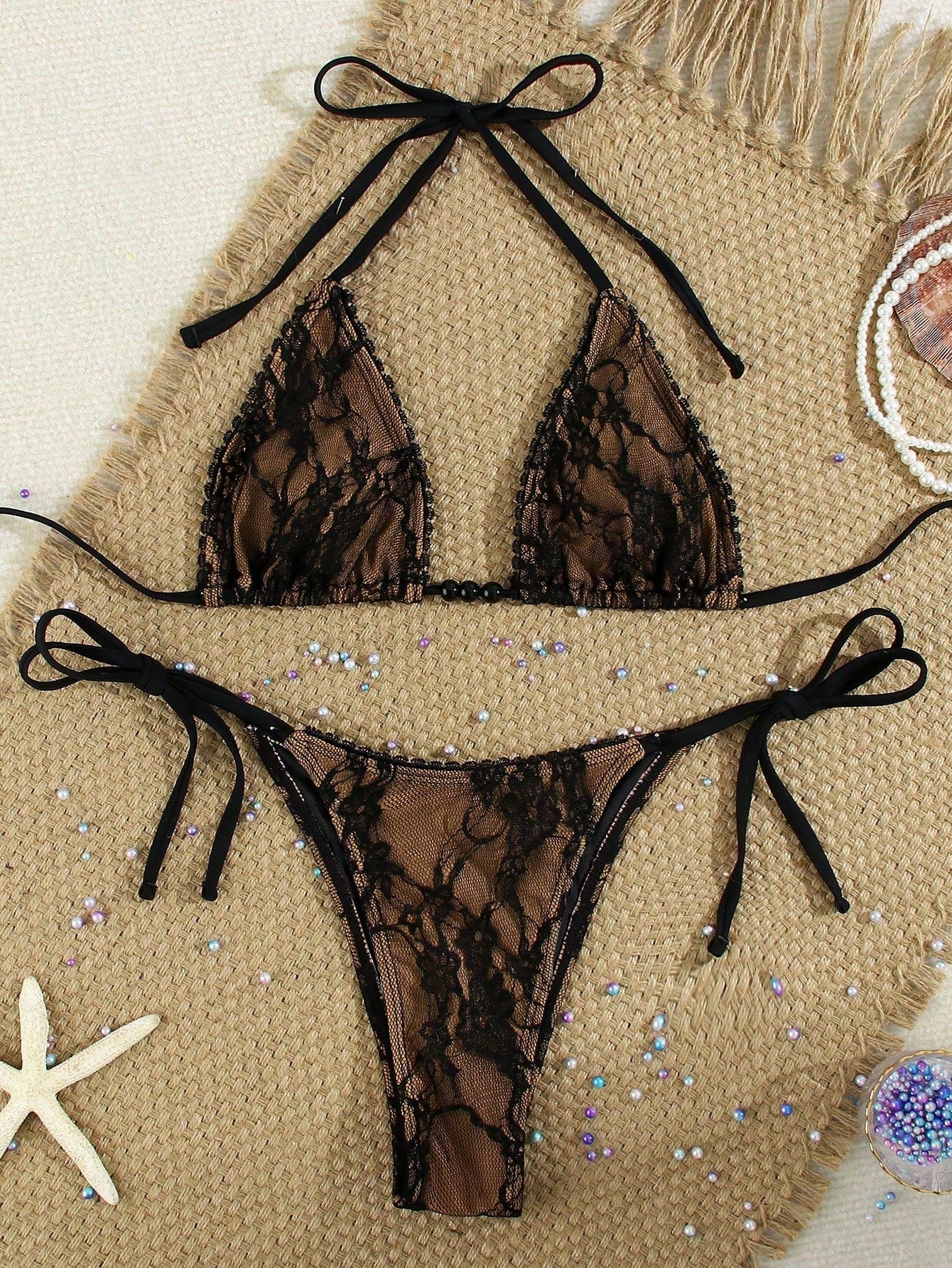 Women's Sexy Black Lace Beaded Halter Necklace, Casual Beach Vacation Bikini Swimwear, Suitable For Party & - image 2