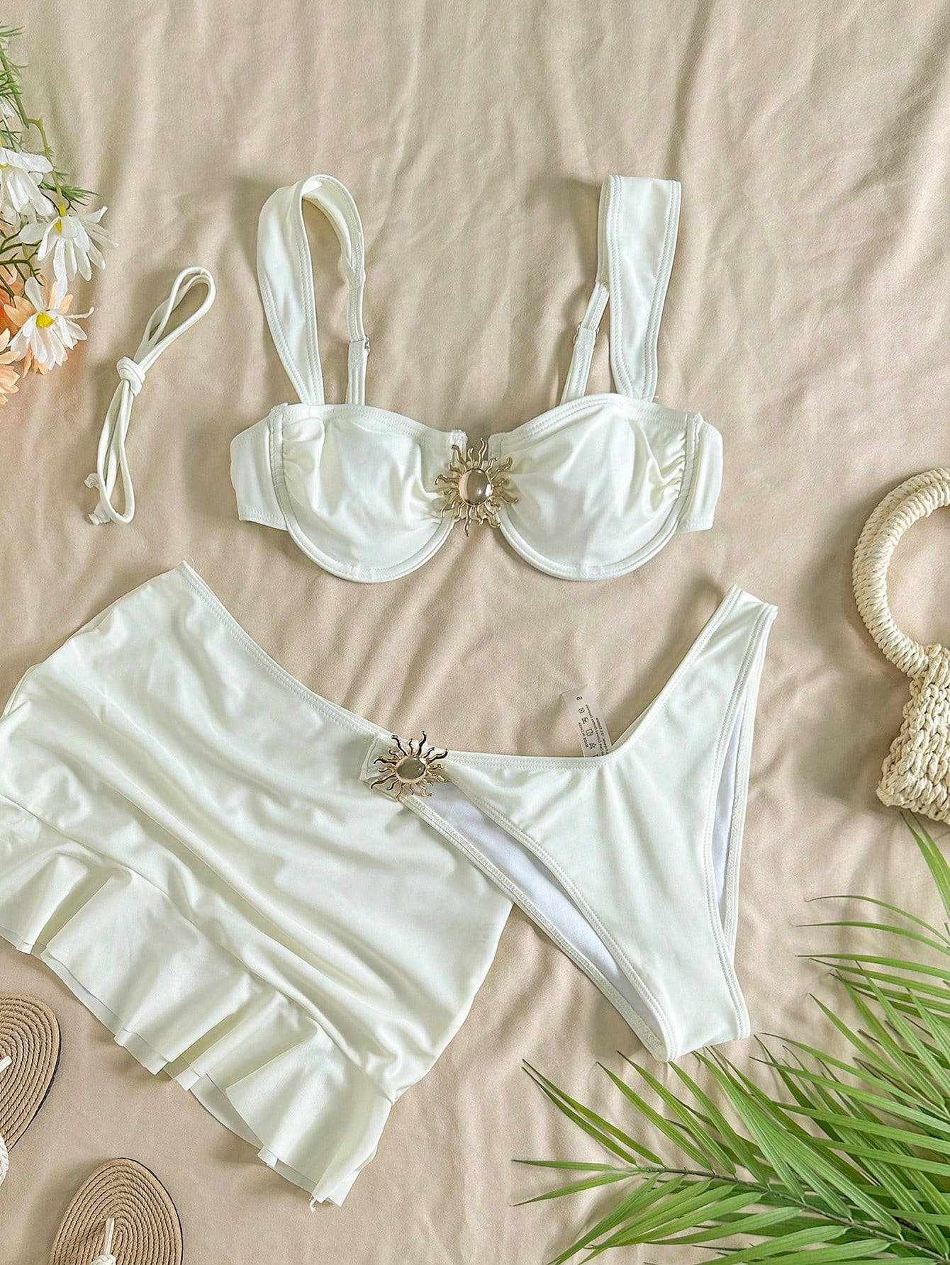 3 Pieces Solid Color Tankini Swimwear Set, Wide Strap Design With Underwire For