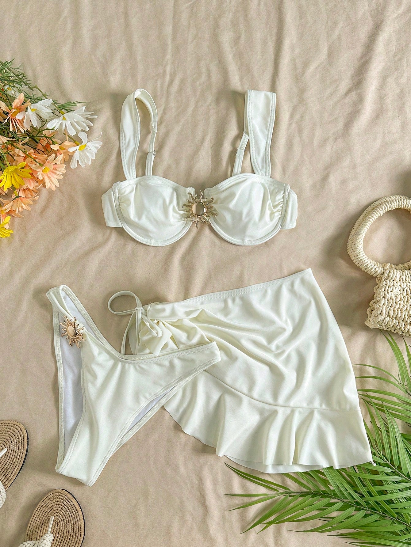 3 Pieces Solid Color Tankini Swimwear Set, Wide Strap Design With Underwire For