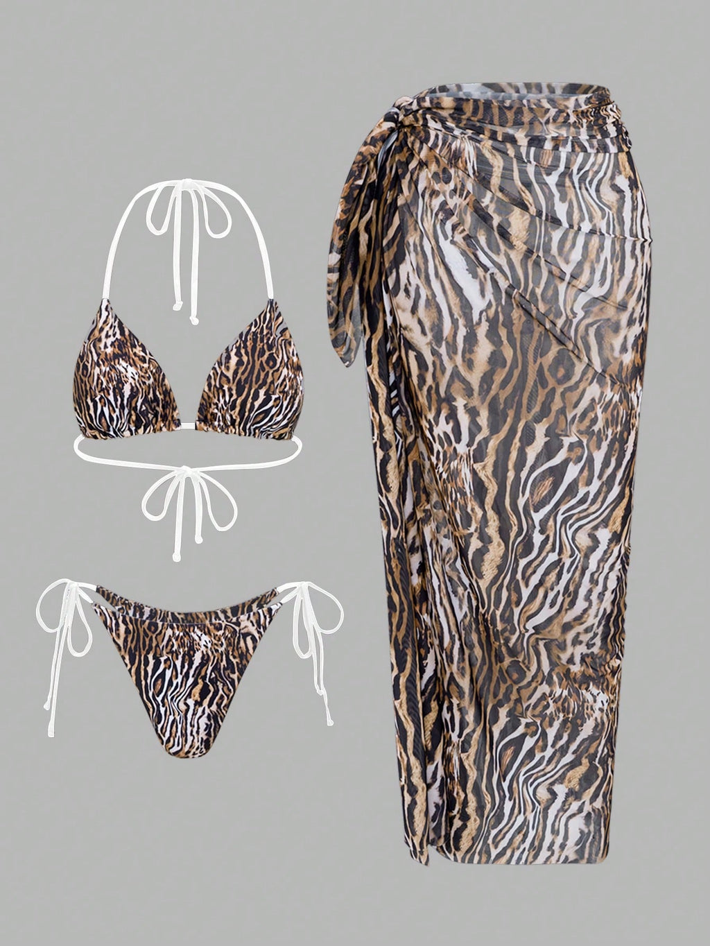 Bonvoyette 3pcs/Set New Leopard Print Mix Solid Color Triangle Halter Sexy Elega