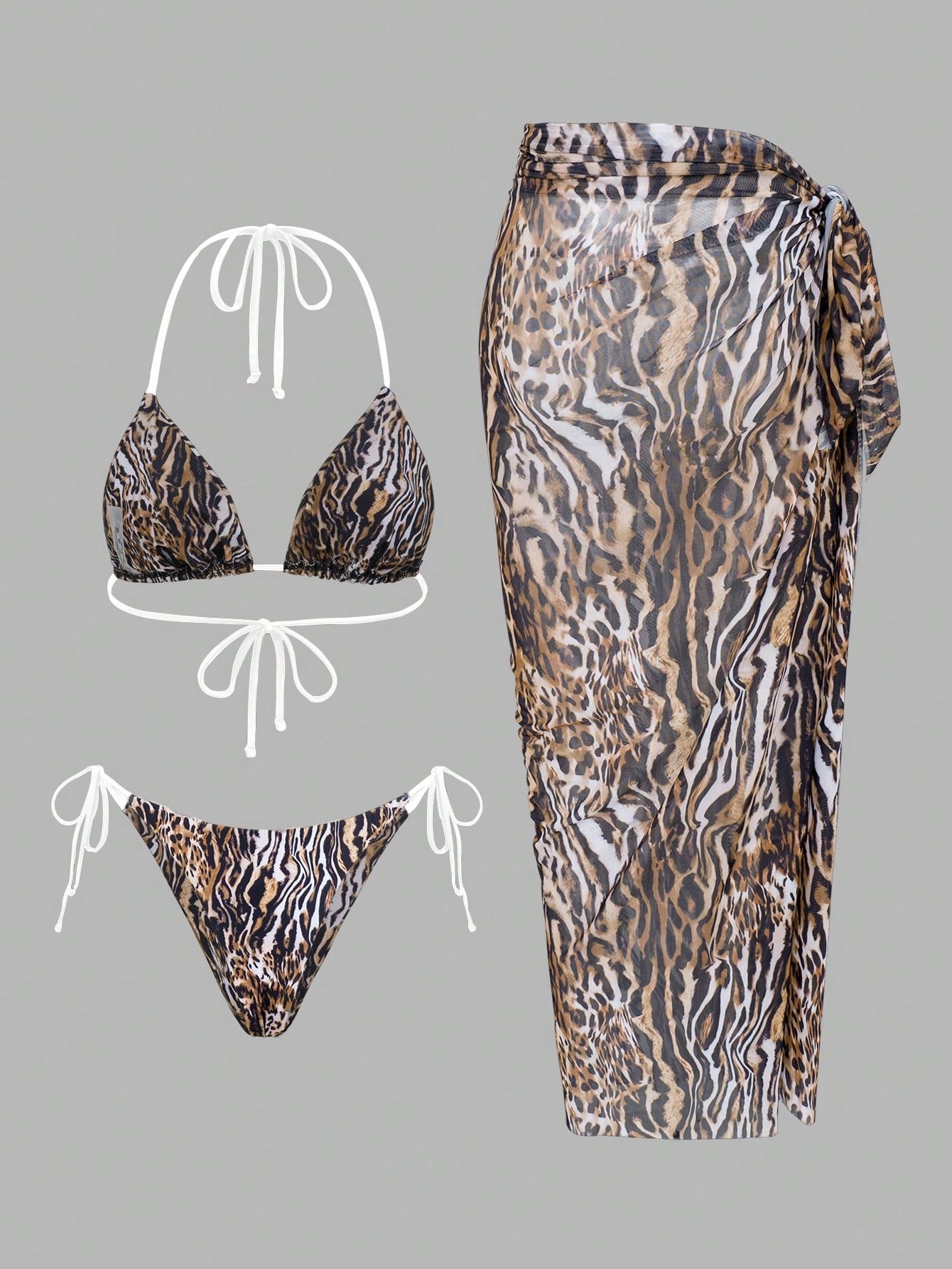 Swim SXY 3pcs Leopard & Solid Color Mixed Print Triangle Halter Sexy