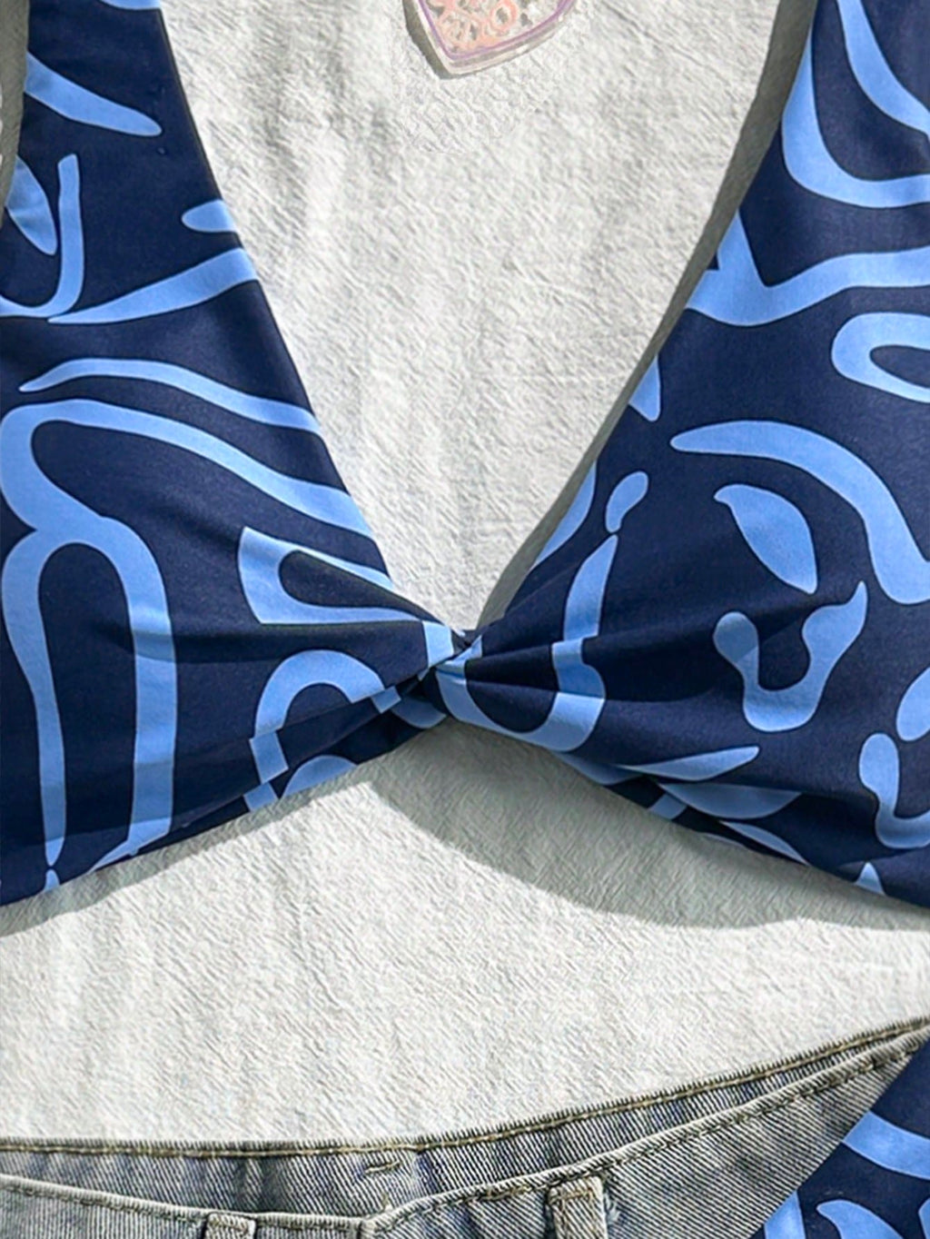 Swim Vcay Women Fashion Blue Floral Print Separate Swimwear Set, Sexy