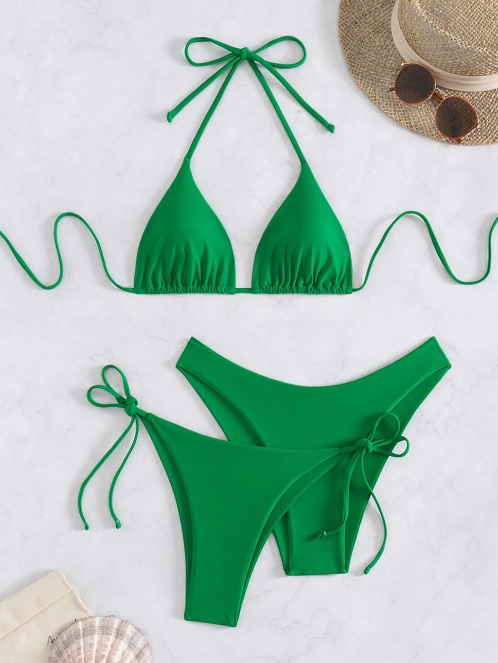 Swim Chiccia 3pcs/Set Women's Solid Ruffled Halter Bikini Set & Minimalist Swim Bottoms With Tie Waist Summer