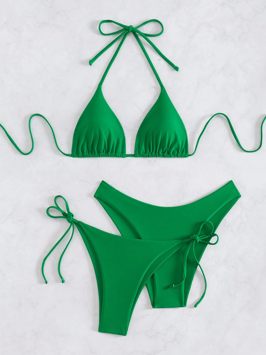 Swim Chiccia 3pcs/Set Women's Solid Ruffled Halter Bikini Set & Minimalist Swim Bottoms With Tie Waist Summer - image 3