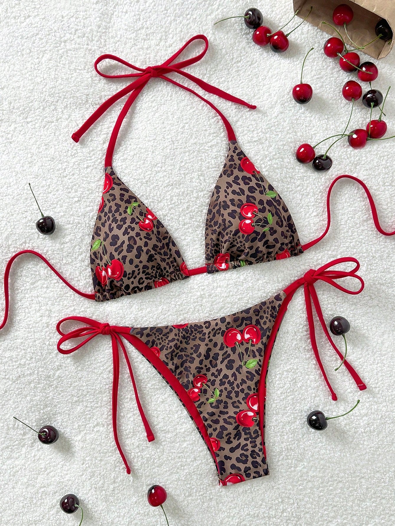 Soleia 2pcs/Set Women's Vacation Cow Print Contrasting Magenta Reversible Halter Tie Bikini, For Summer Beach - image 13