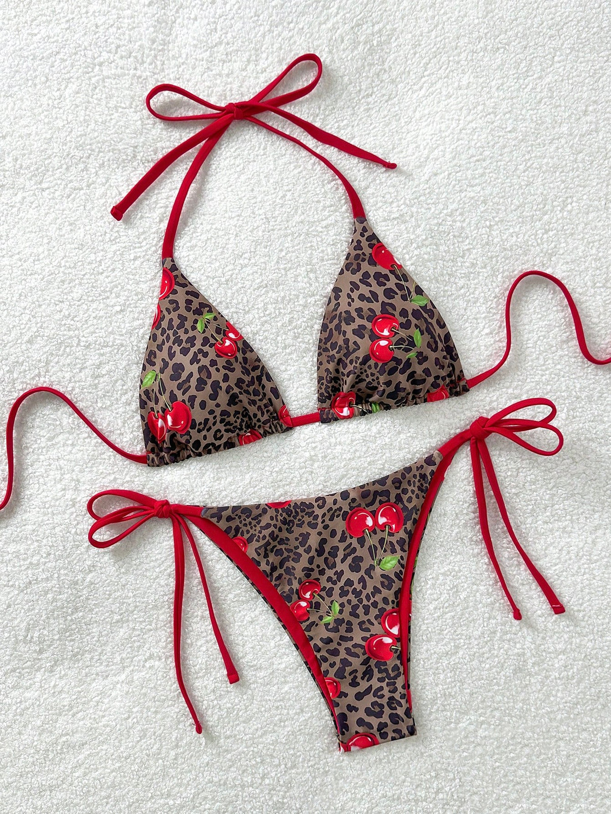 Soleia 2pcs/Set Women's Vacation Cow Print Contrasting Magenta Reversible Halter Tie Bikini, For Summer Beach - image 18