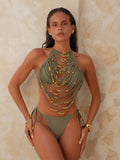 Swim Chiccia Spring Green Backless Hollow Out Beaded Tassel Decor Swimwear Set,