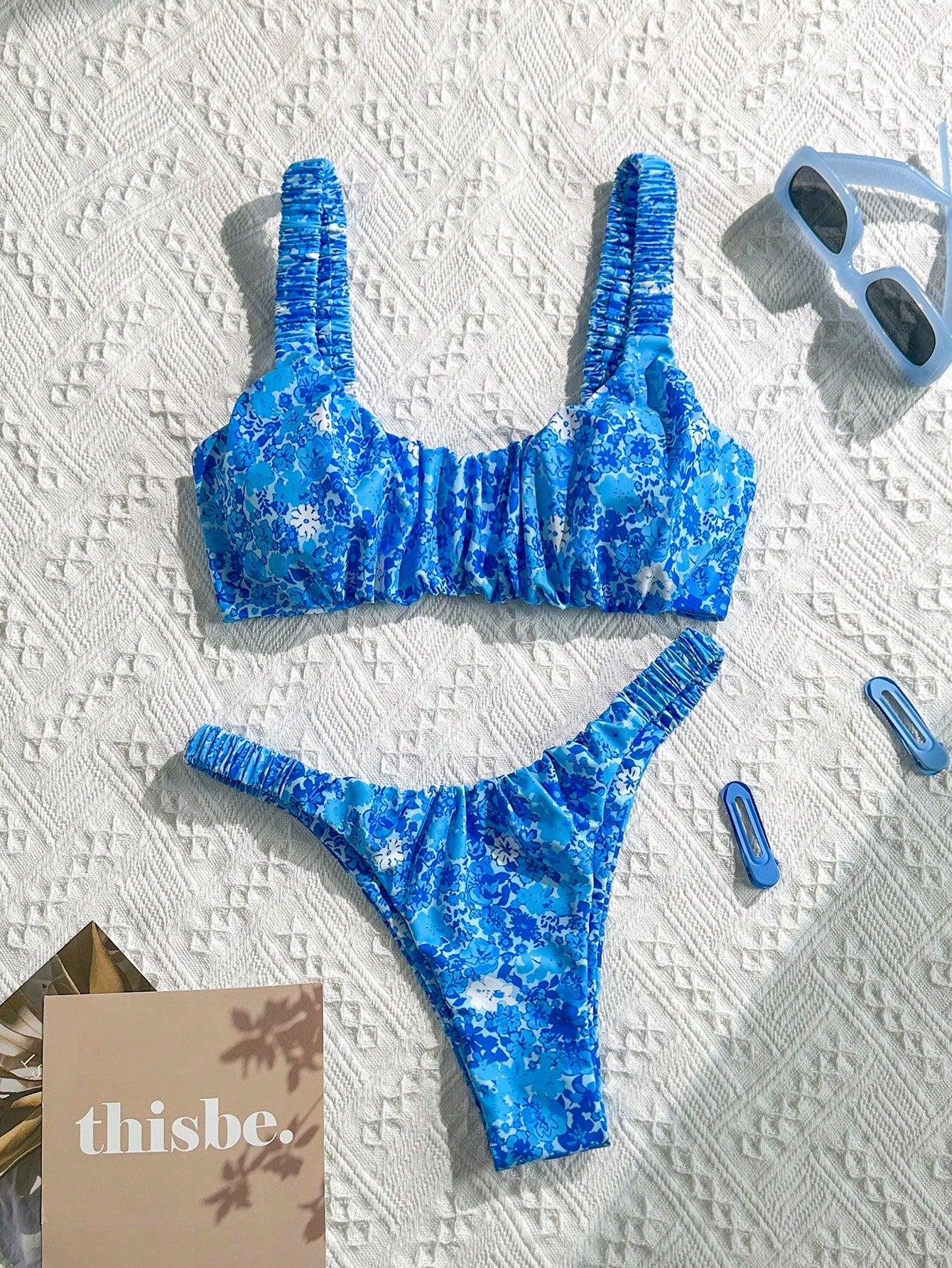 Swim Mod Women's Solid Color Ruched High Cut Sexy Bikini Set,