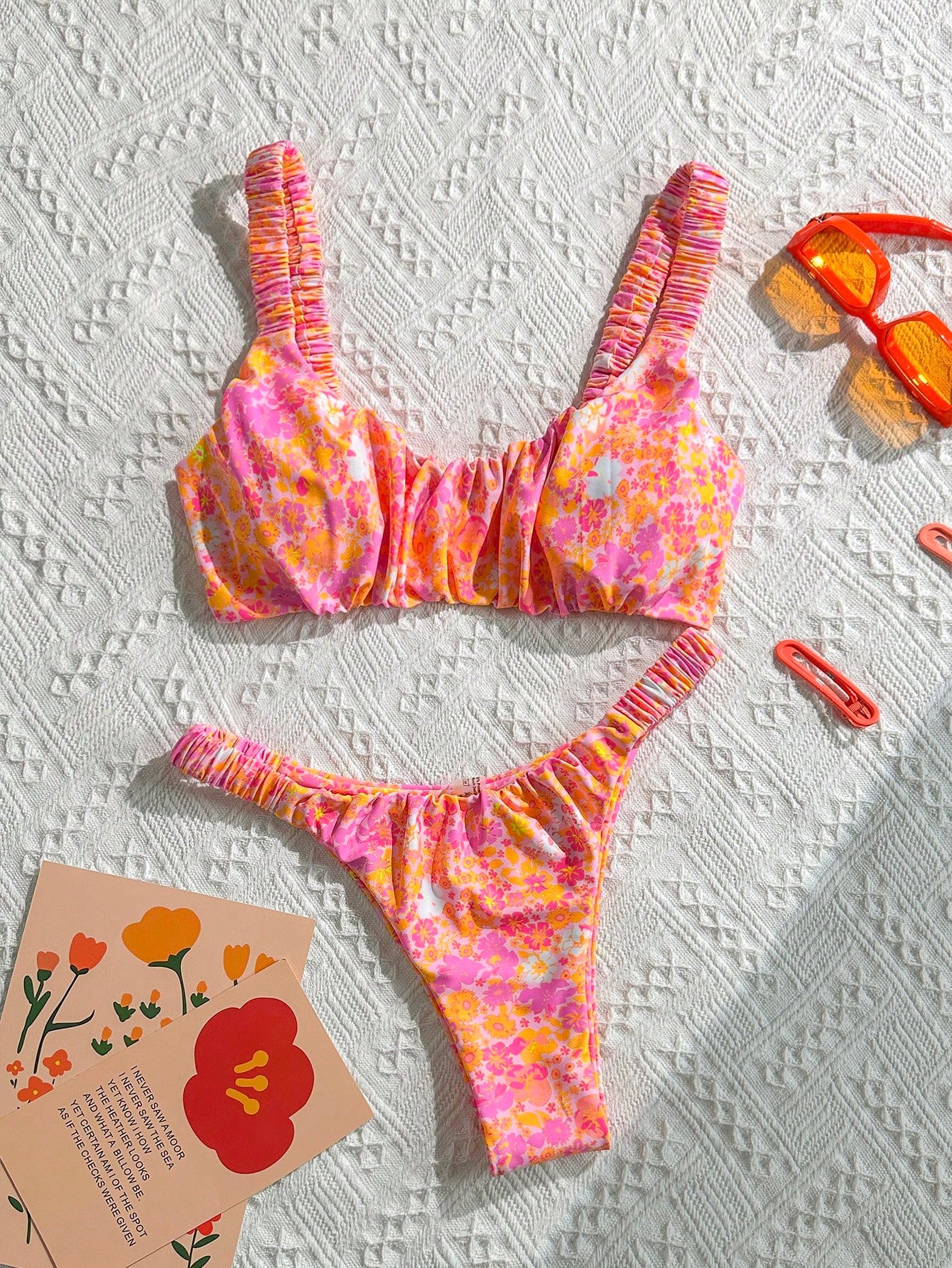 Swim Mod Women's Solid Color Ruched High Cut Sexy Bikini Set,