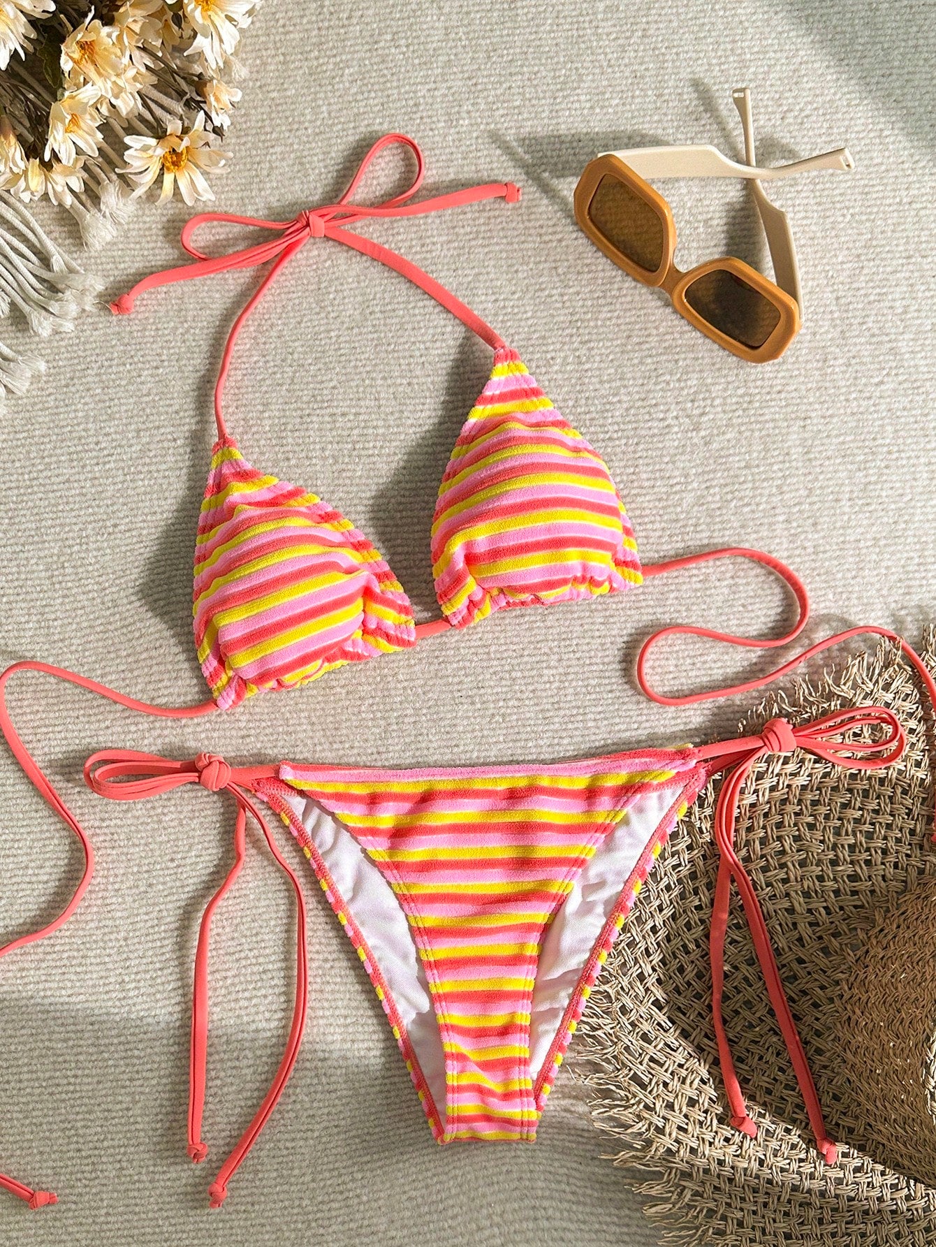 Swim Mod Cute Multicolor Women's Halter Tie Back Striped Bikini Set