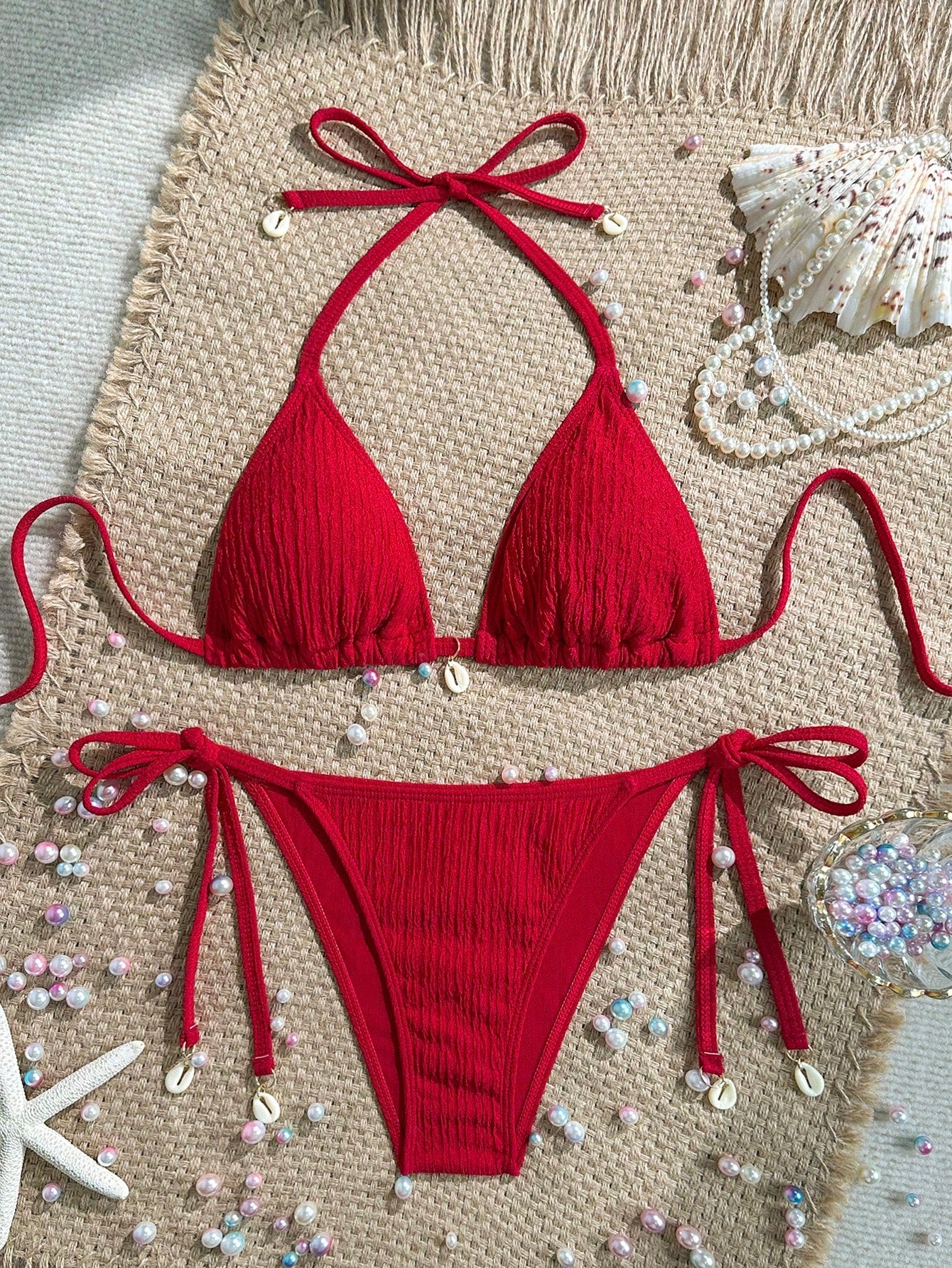 Swim Mod Summer Beach Textured Halter Neck Tie Two-Piece Bikini Set