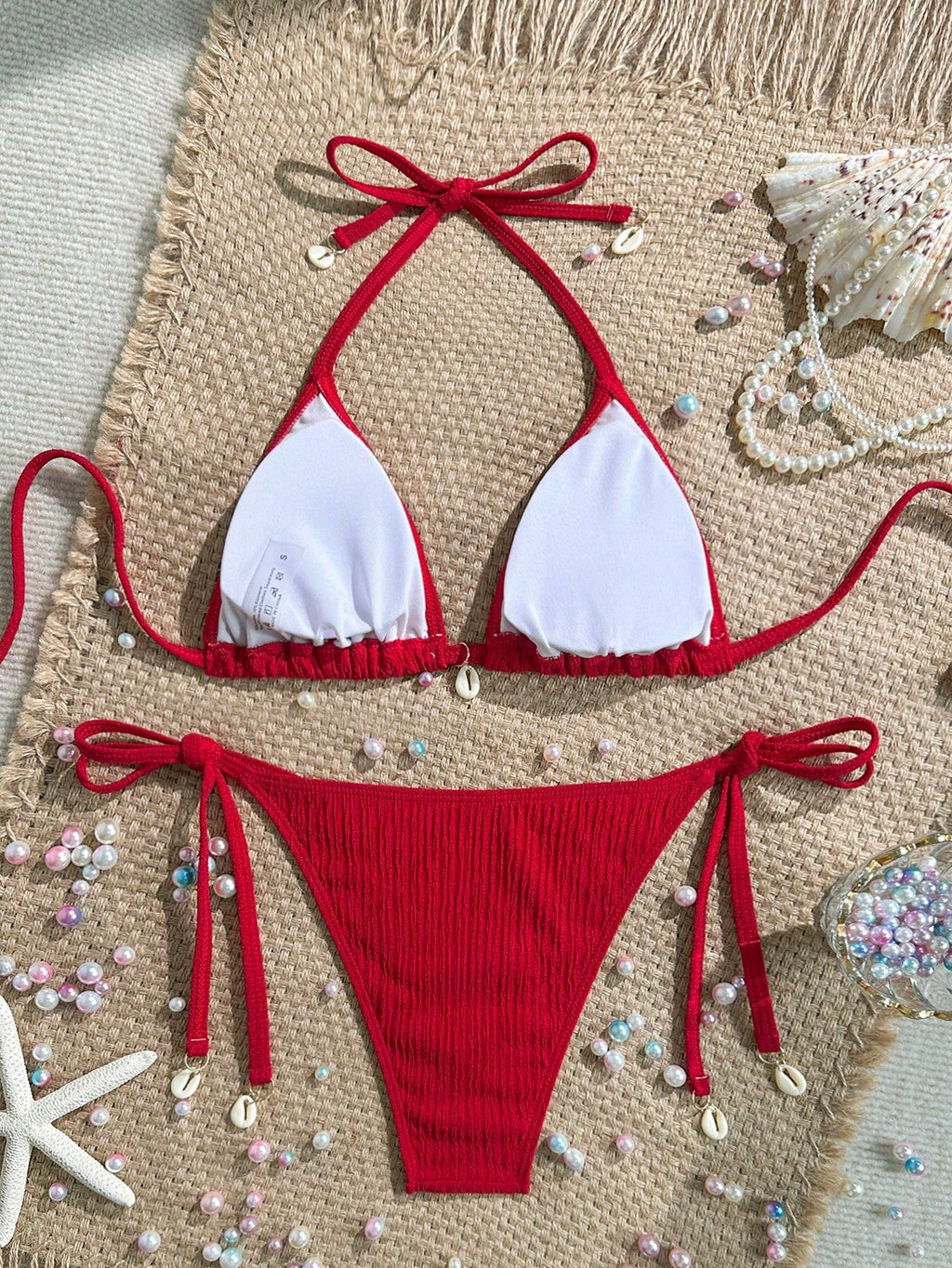 Swim Mod Summer Beach Textured Halter Neck Tie Two-Piece Bikini Set