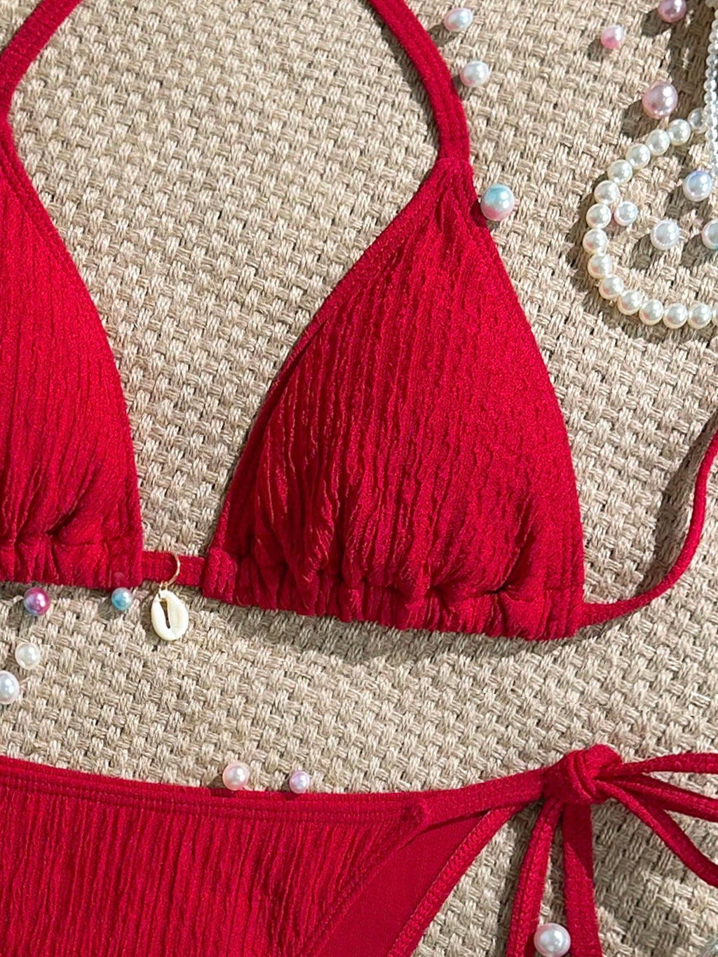 Swim Mod Summer Beach Textured Halter Neck Tie Two-Piece Bikini Set
