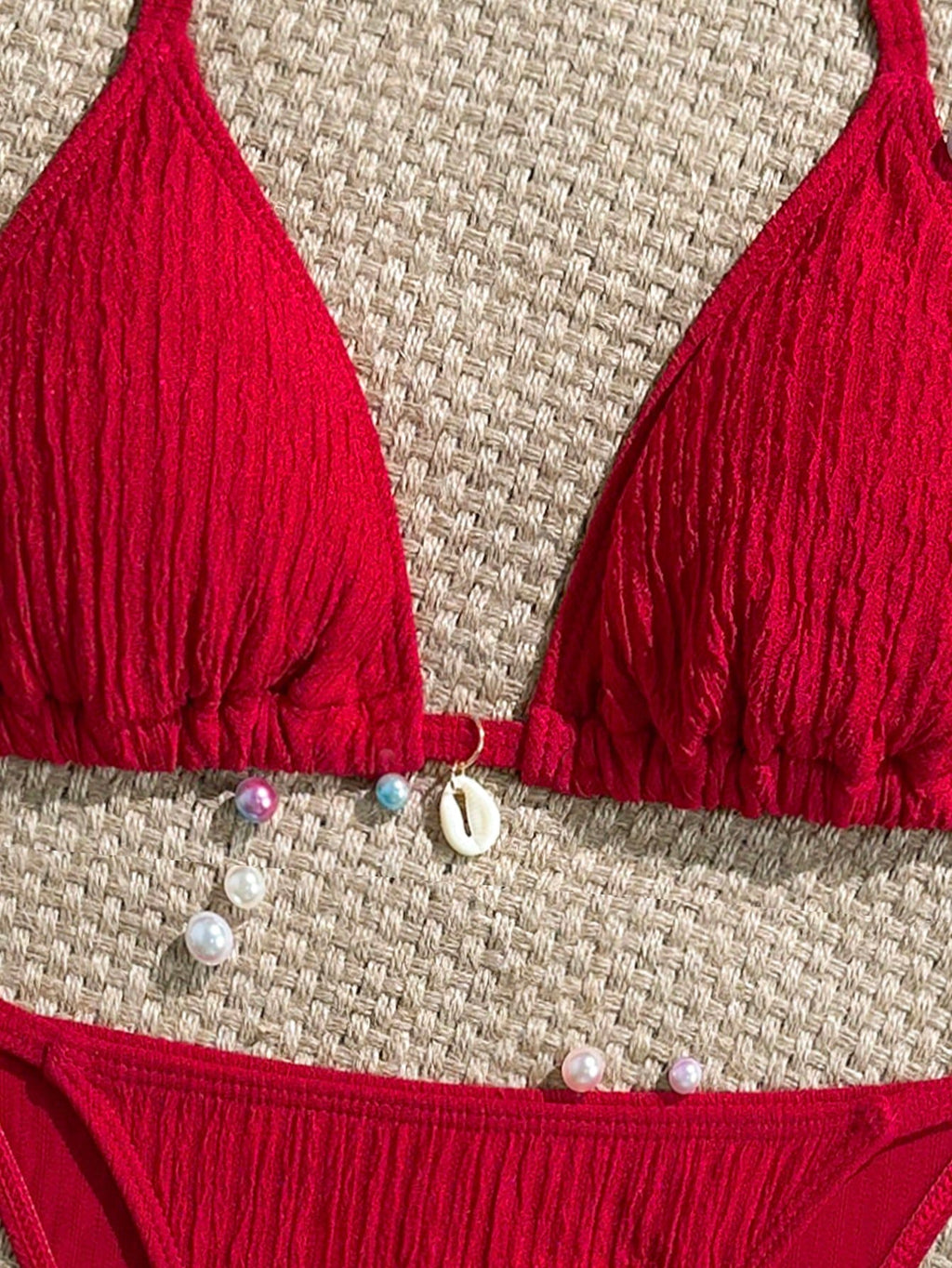 Swim Mod Summer Beach Textured Halter Neck Tie Two-Piece Bikini Set