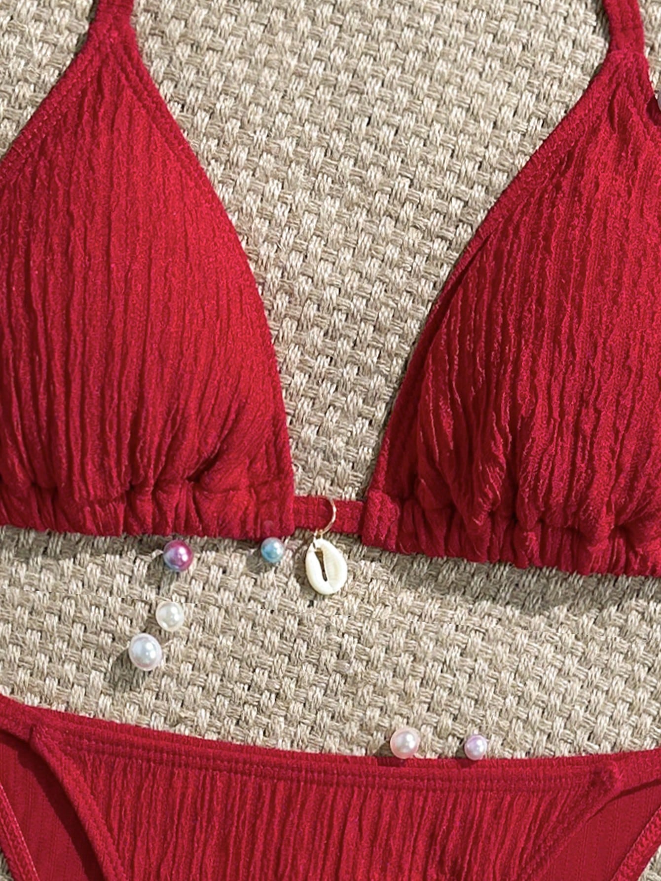 Swim Mod Summer Beach Textured Halter Neck Tie Two-Piece Bikini Set