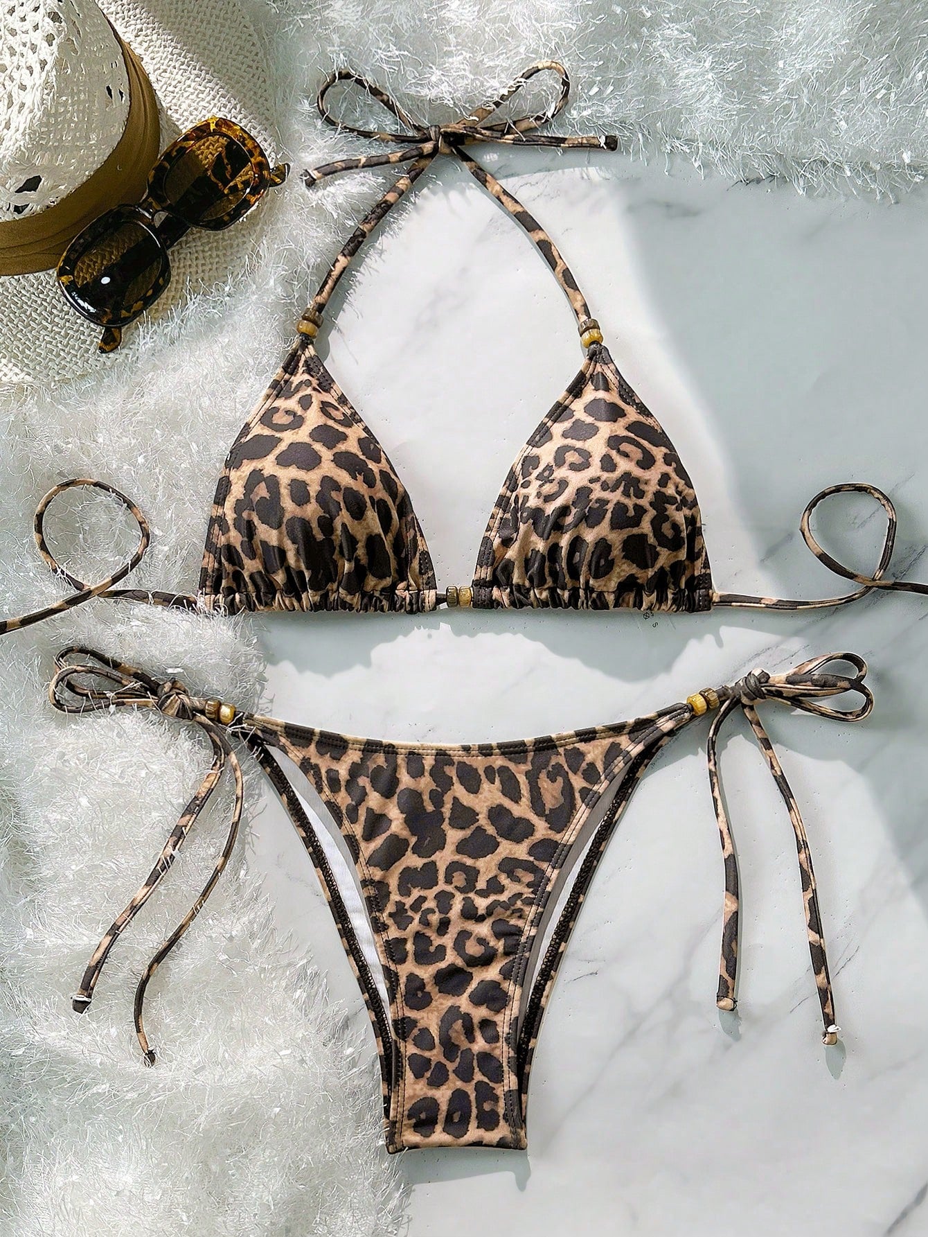 Soleia Women's Leopard Print Contrast Color Tie-Up Beaded Decor