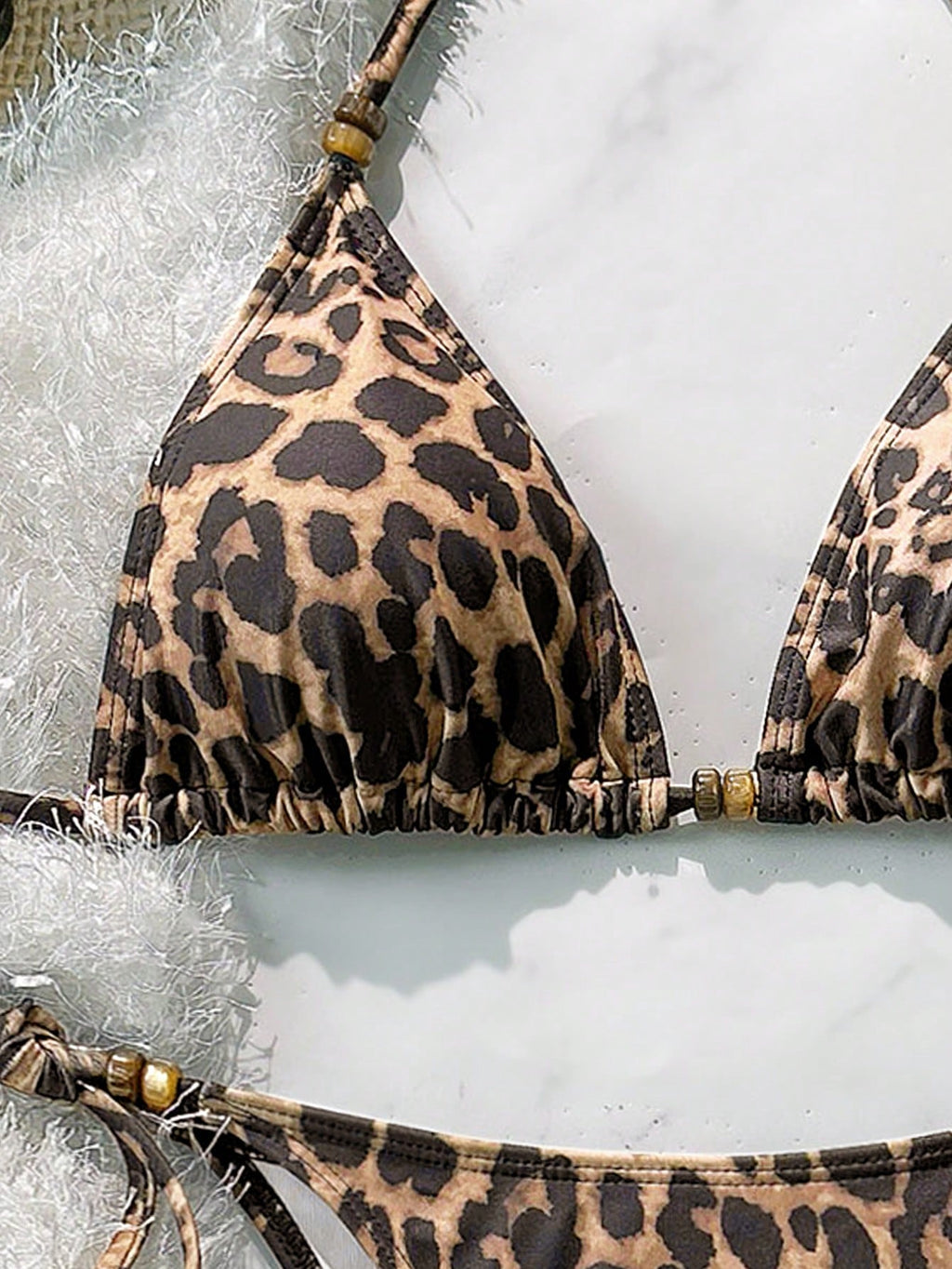 Soleia Women's Leopard Print Contrast Color Tie-Up Beaded Decor