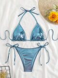 Swim Vcay Summer Beach Metallic Halter Triangle Tie Side Bikini Set