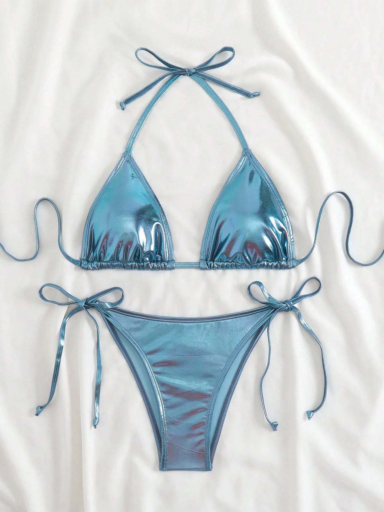 Swim Vcay Summer Beach Metallic Halter Triangle Tie Side Bikini Set