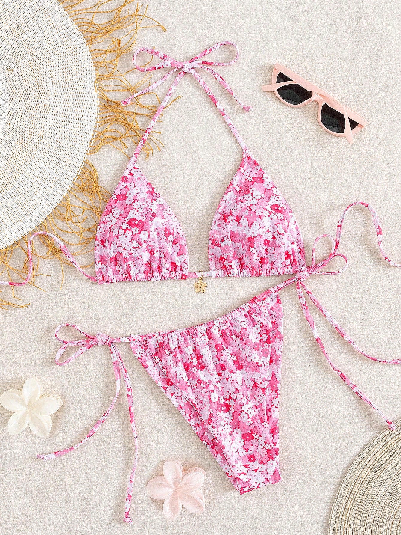 Women's Summer Halter Tie Strap Red And White Striped Sexy Bikini Swimwear Set,