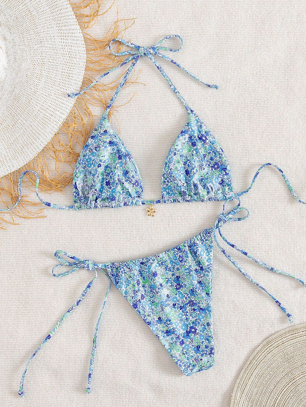 Women's Ditsy Floral Halter Tie Bow Bikini Set, Sexy Swimwear For