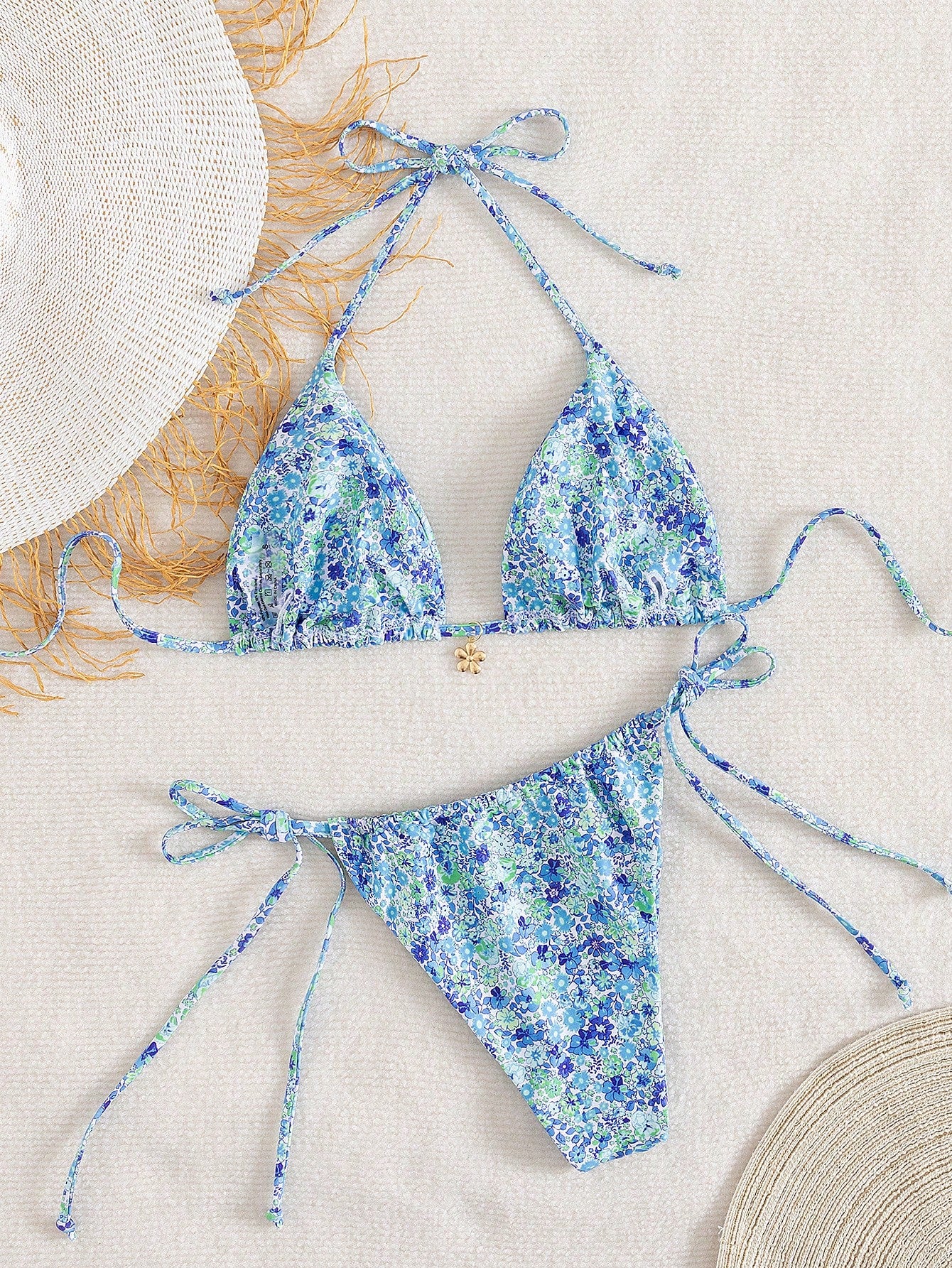 Women's Ditsy Floral Halter Tie Bow Bikini Set, Sexy Swimwear For