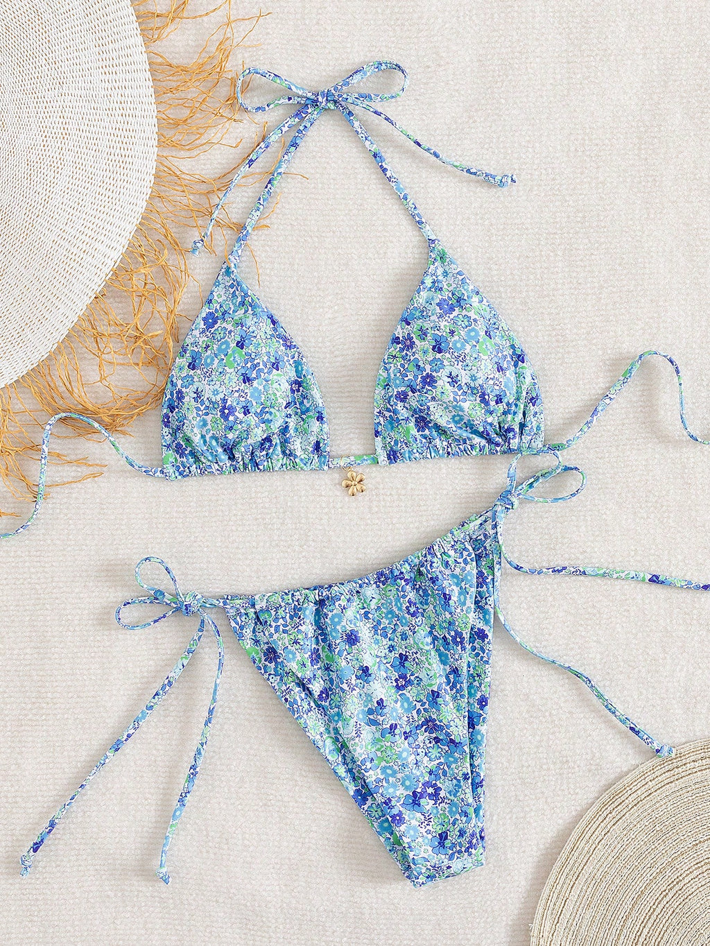 Women's Ditsy Floral Halter Tie Bow Bikini Set, Sexy Swimwear For