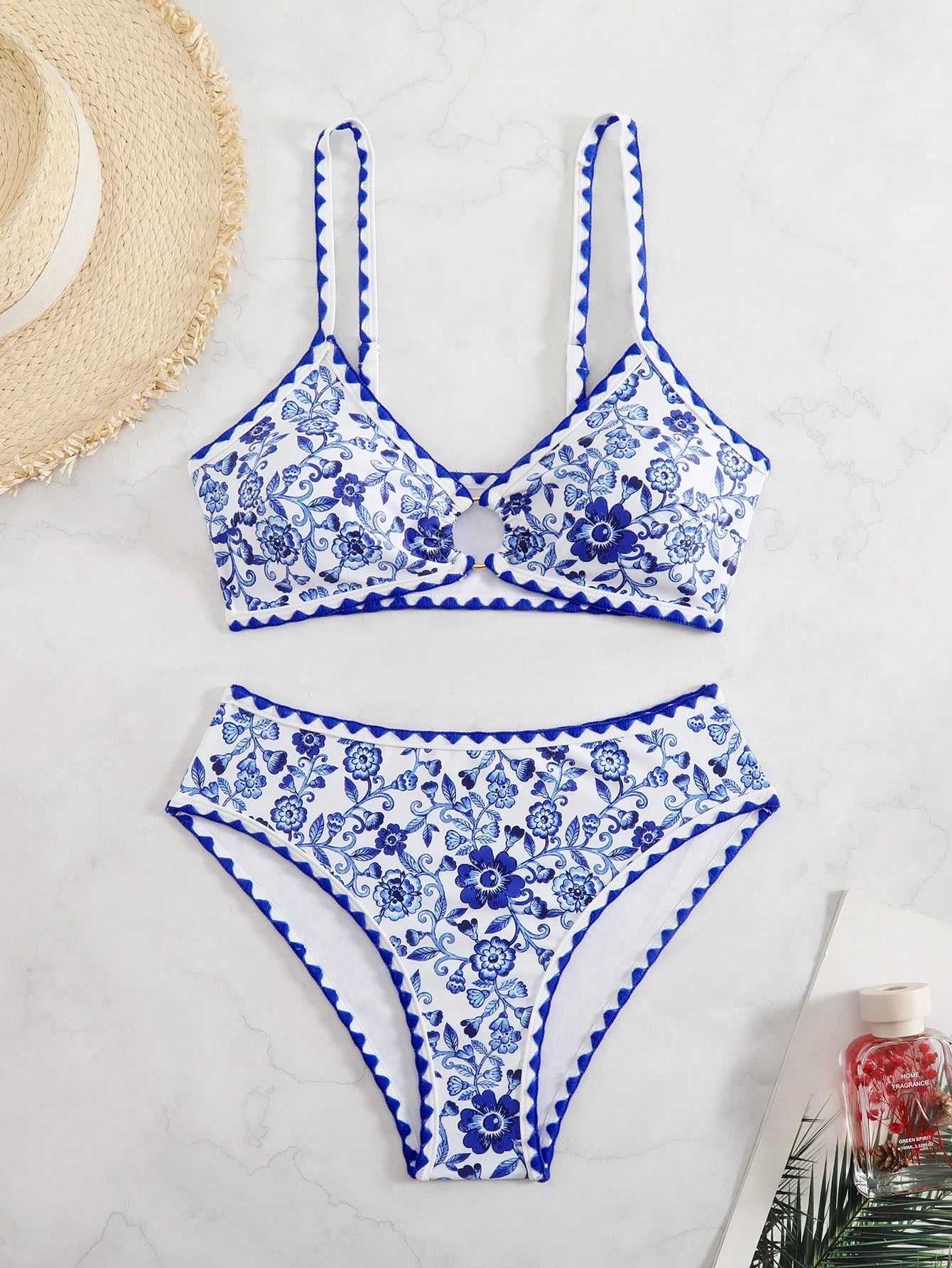 Swim Vcay 2pcs Women Bohemian Vacation Blue & White Paisley Print Lace Trim Sexy Circle Ring High Waisted - image 5
