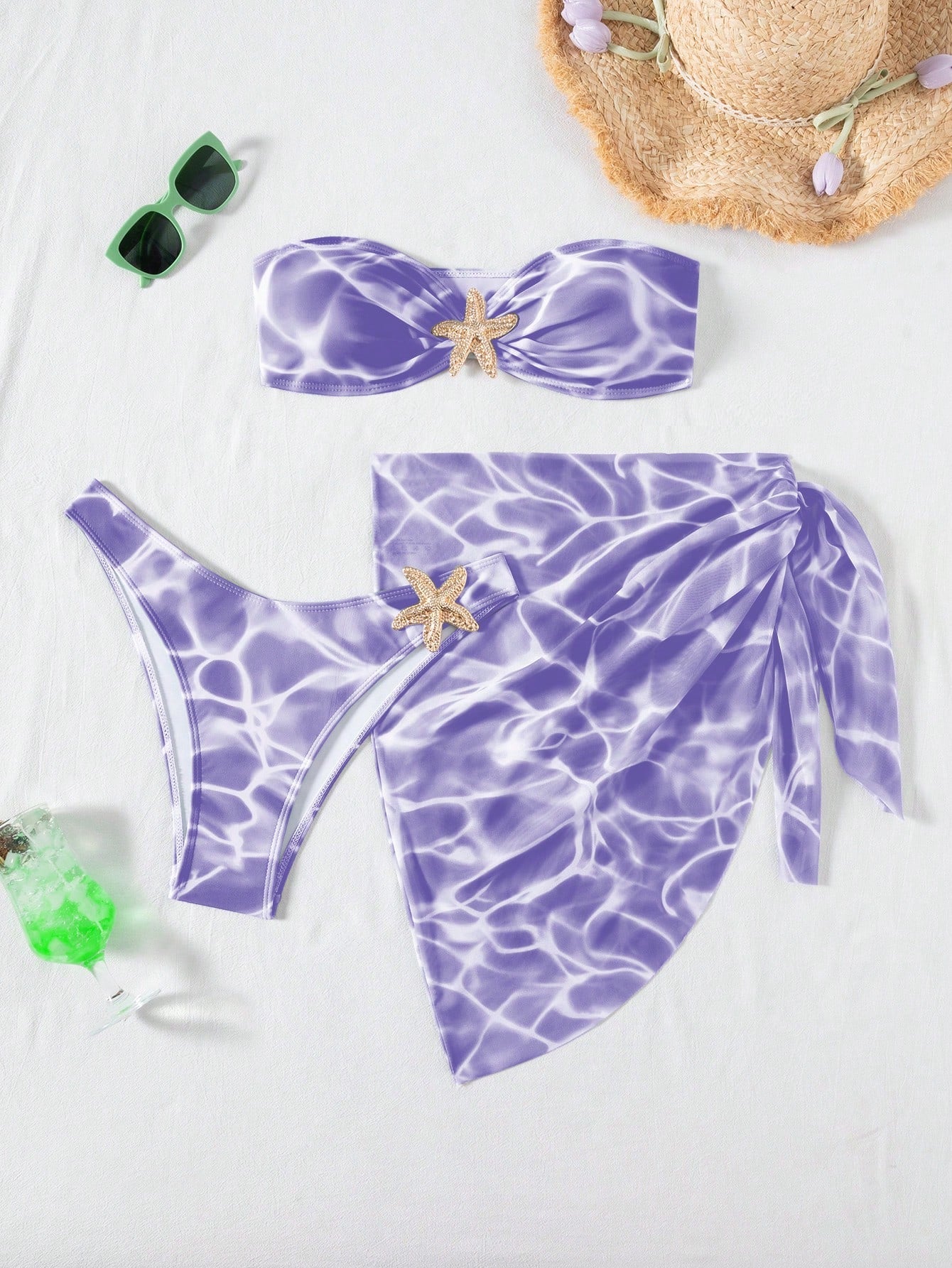 Swim Vcay Women's 3-Piece Swimwear Set With Bandeau Top, Starfish