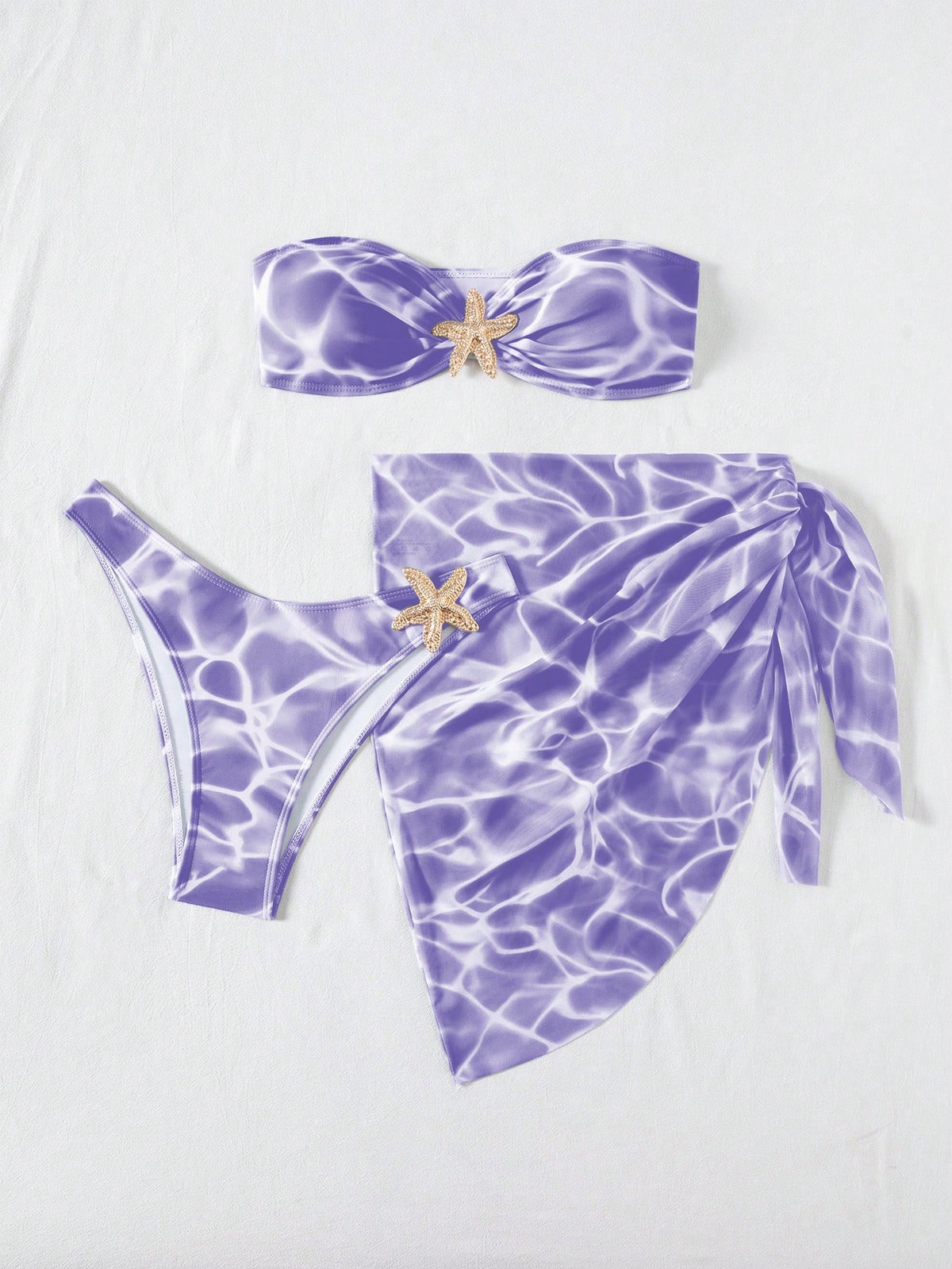 Swim Vcay Women's 3-Piece Swimwear Set With Bandeau Top, Starfish Decor, Summer Vacation Beach Style - image 12