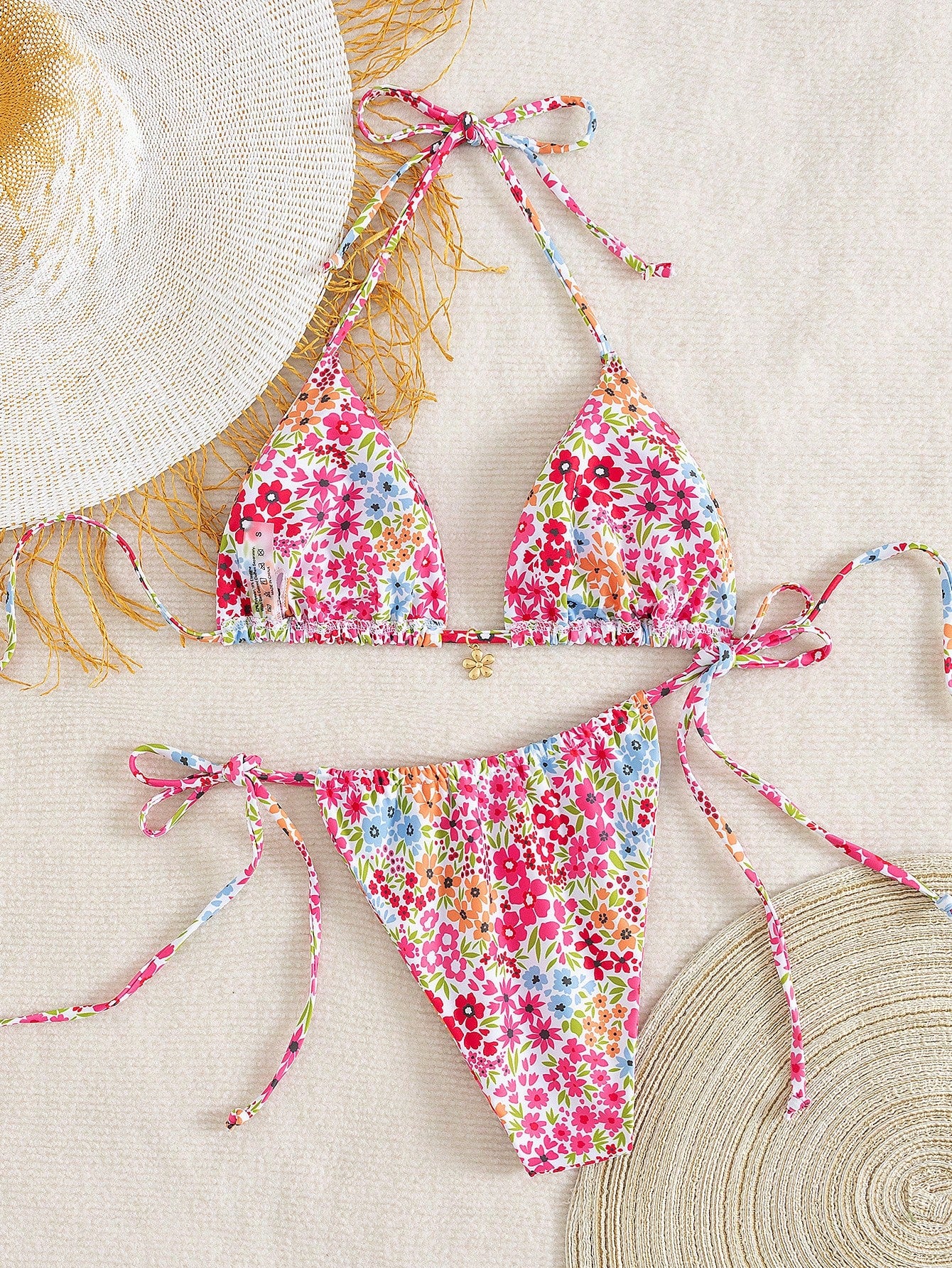 Women's Summer Halter Tie Strap Red And White Striped Sexy Bikini Swimwear Set,