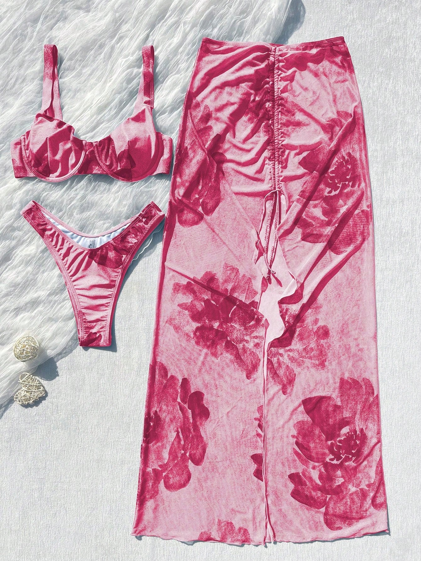 3pcs Women's Floral Bikini Set With Ombre Floral Print Mesh Maxi Skirt. The Tie-