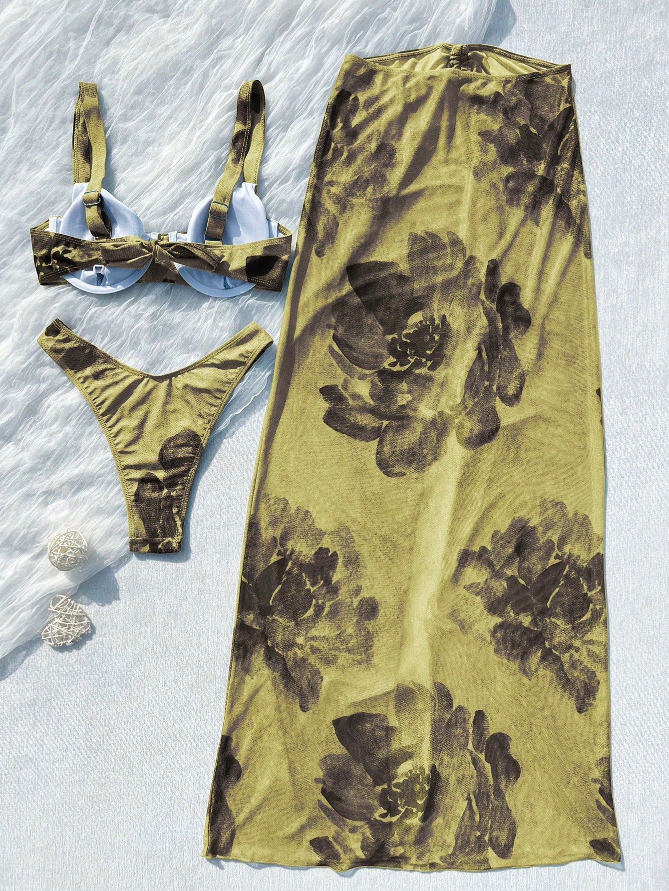 3pcs Women's Floral Bikini Set With Ombre Floral Print Mesh Maxi Skirt. The Tie-Up Mesh Maxi Skirt Creates A - image 4