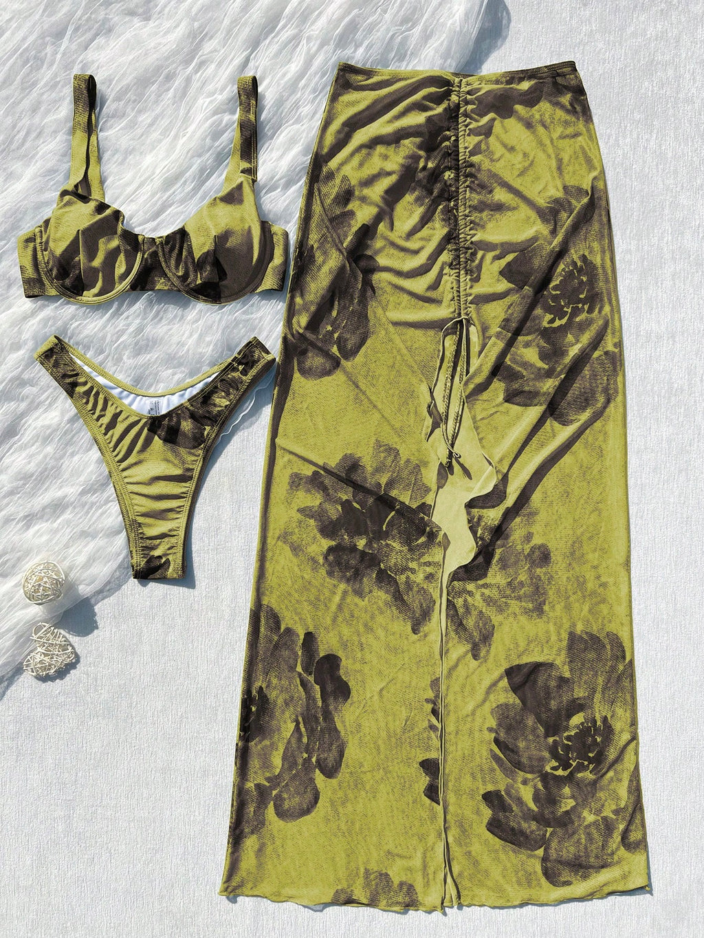 3pcs Women's Floral Bikini Set With Ombre Floral Print Mesh Maxi Skirt. The Tie-