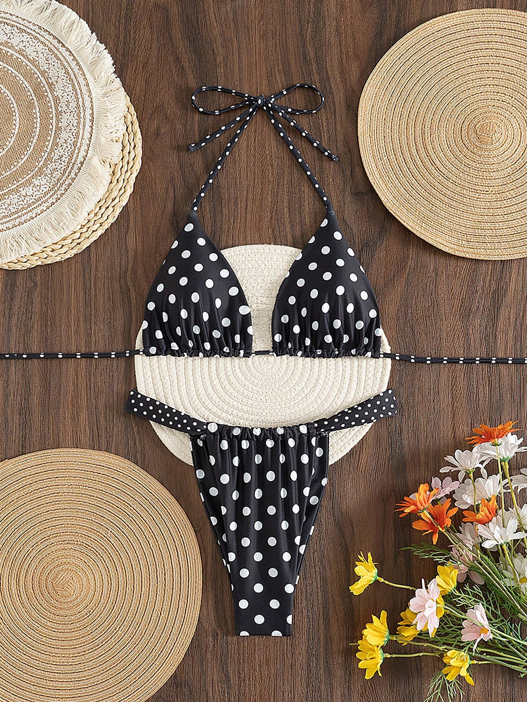 2pcs Women's Summer Beach Polka Dot Print Halter Tie Sexy Bikini Set