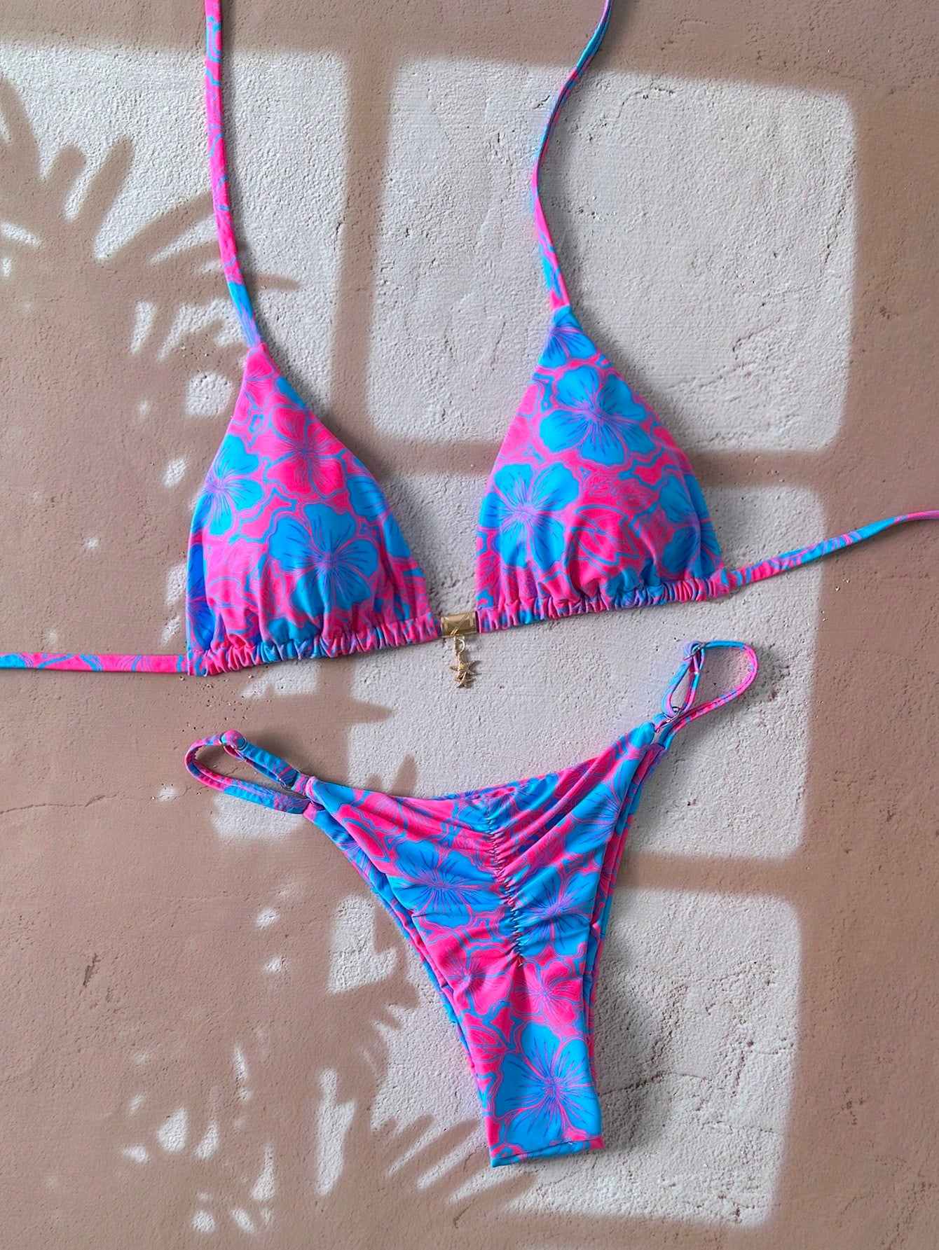 Swim Mod Multicolor Fabric Tropical Halter Bikini Set Knot Tie Side