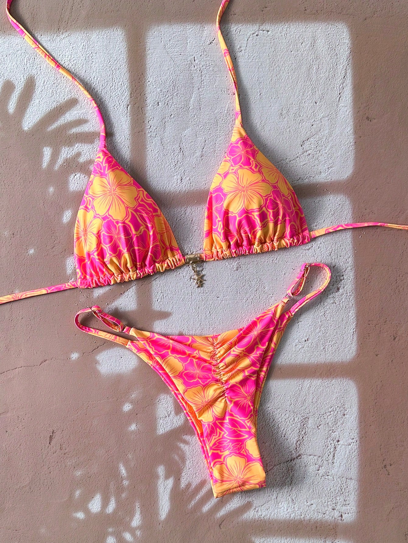 Swim Mod Multicolor Fabric Tropical Halter Bikini Set Knot Tie Side Short Swimwear - image 7