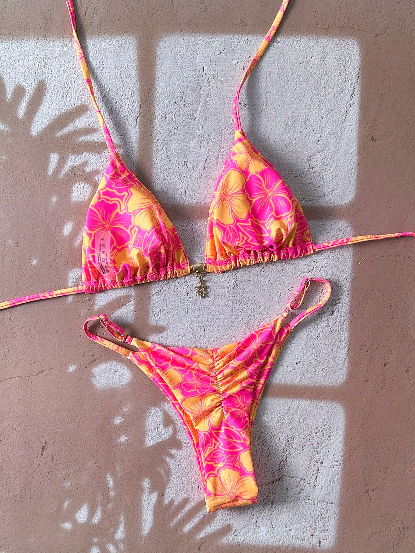 Swim Mod Multicolor Fabric Tropical Halter Bikini Set Knot Tie Side