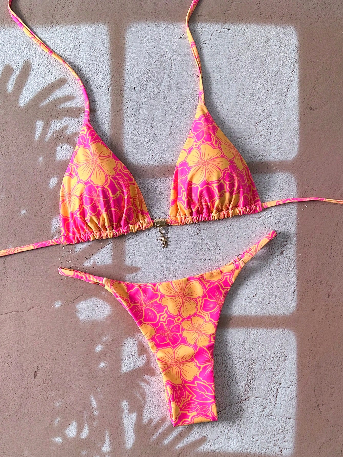 Swim Mod Multicolor Fabric Tropical Halter Bikini Set Knot Tie Side