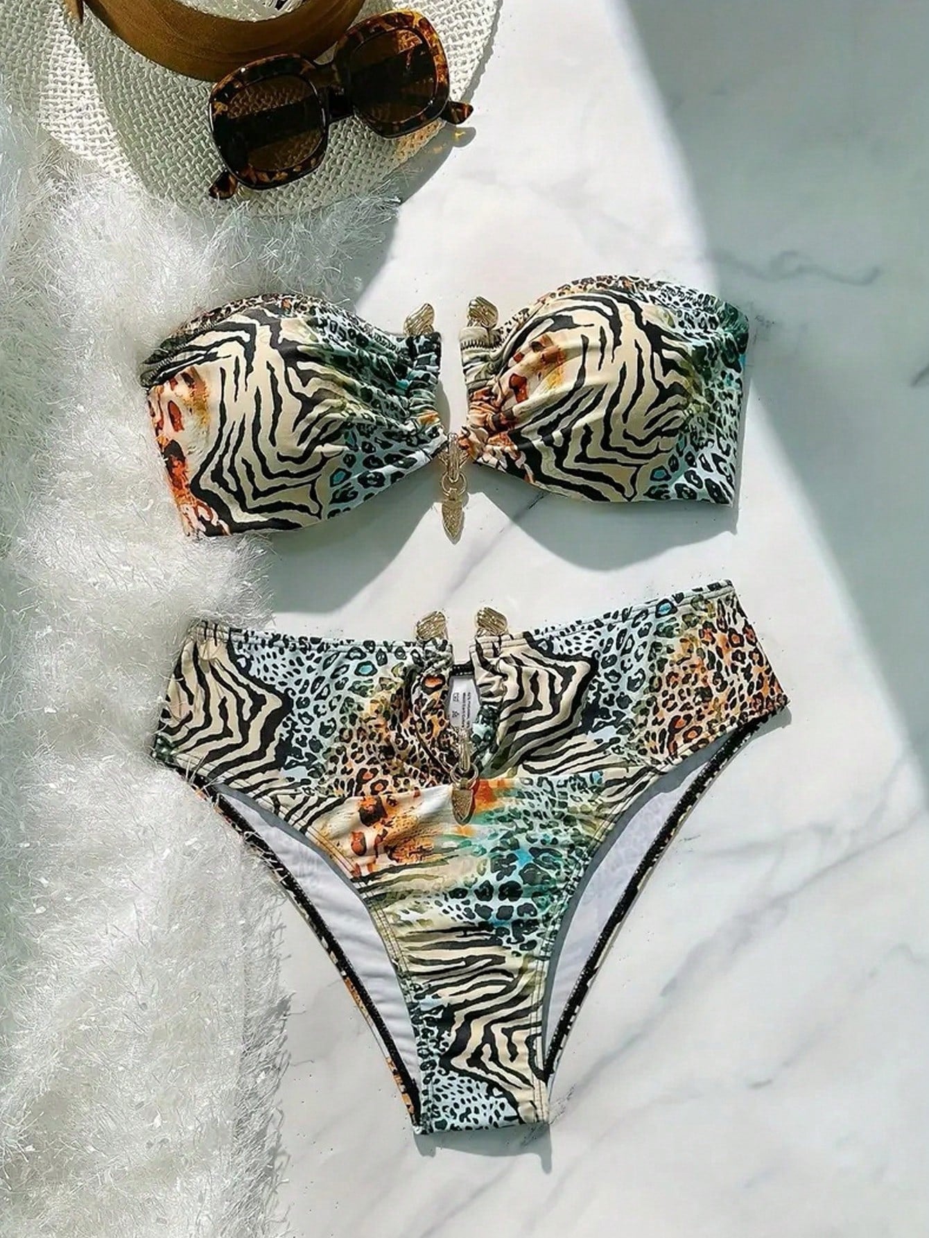 Swim SXY Sexy Ombre Leopard Print Gold Accessories Bandeau Bikini
